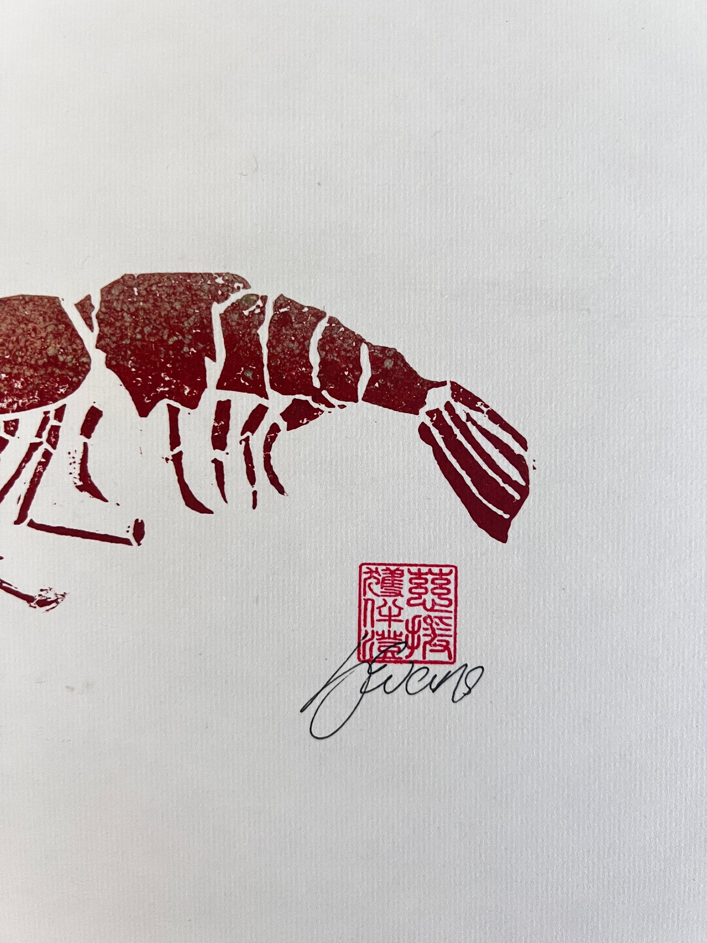 "Linotaku Prawn" – Lino Cut Print by Jane Evans, Anglesey Artist