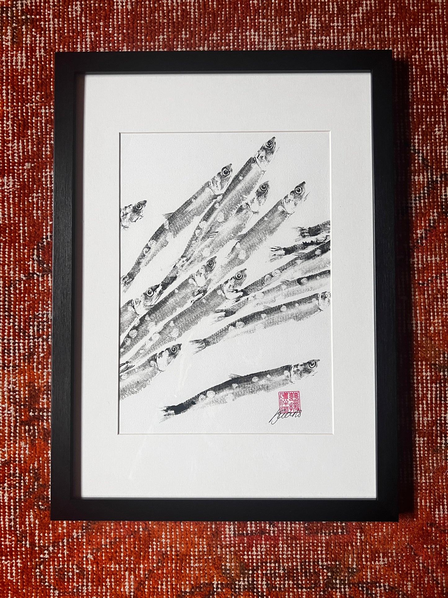 FRAMED A4 GYOTAKU OF ANCHOVIES