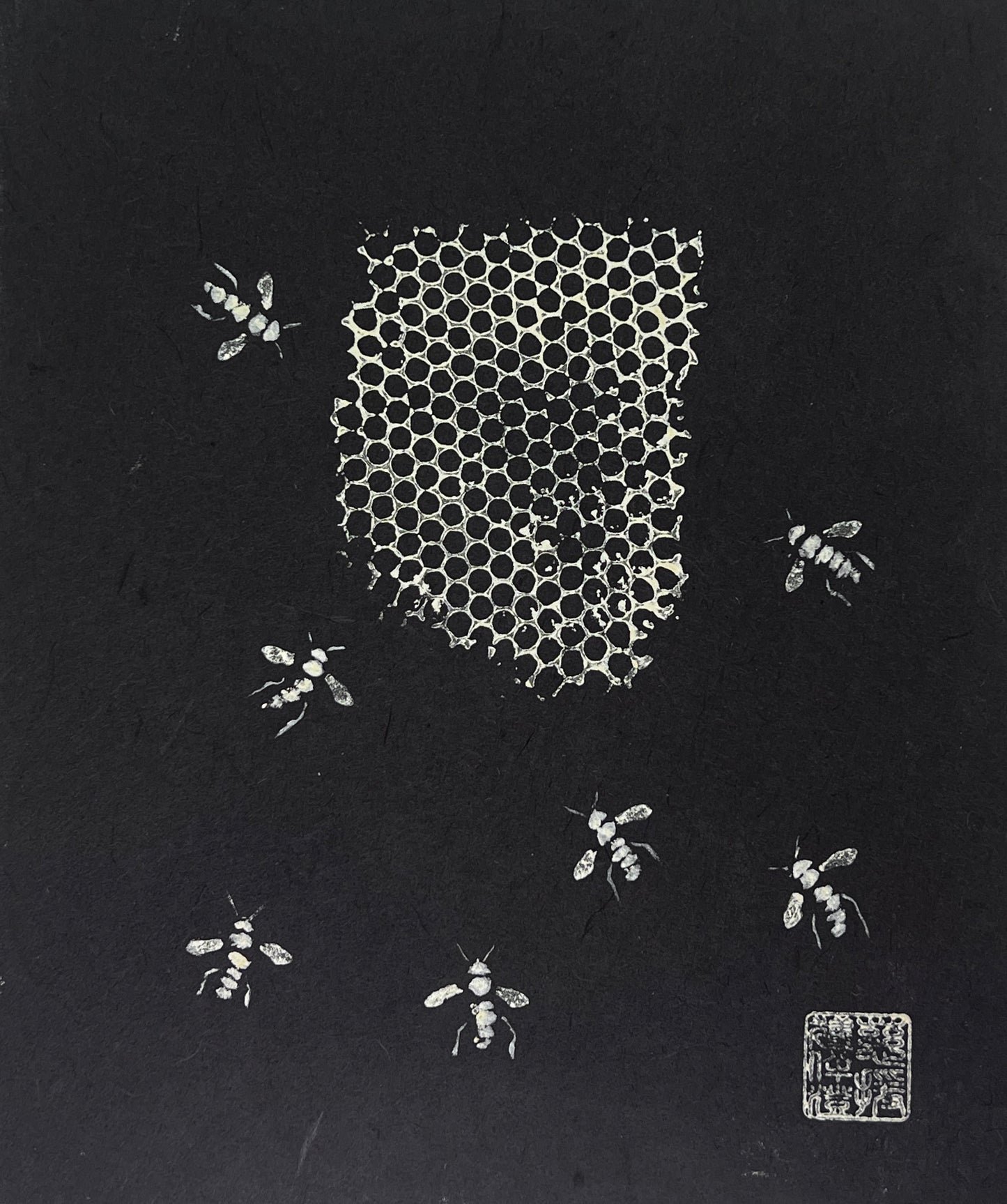 Frame Gyotaku of Bees and Honeycomb