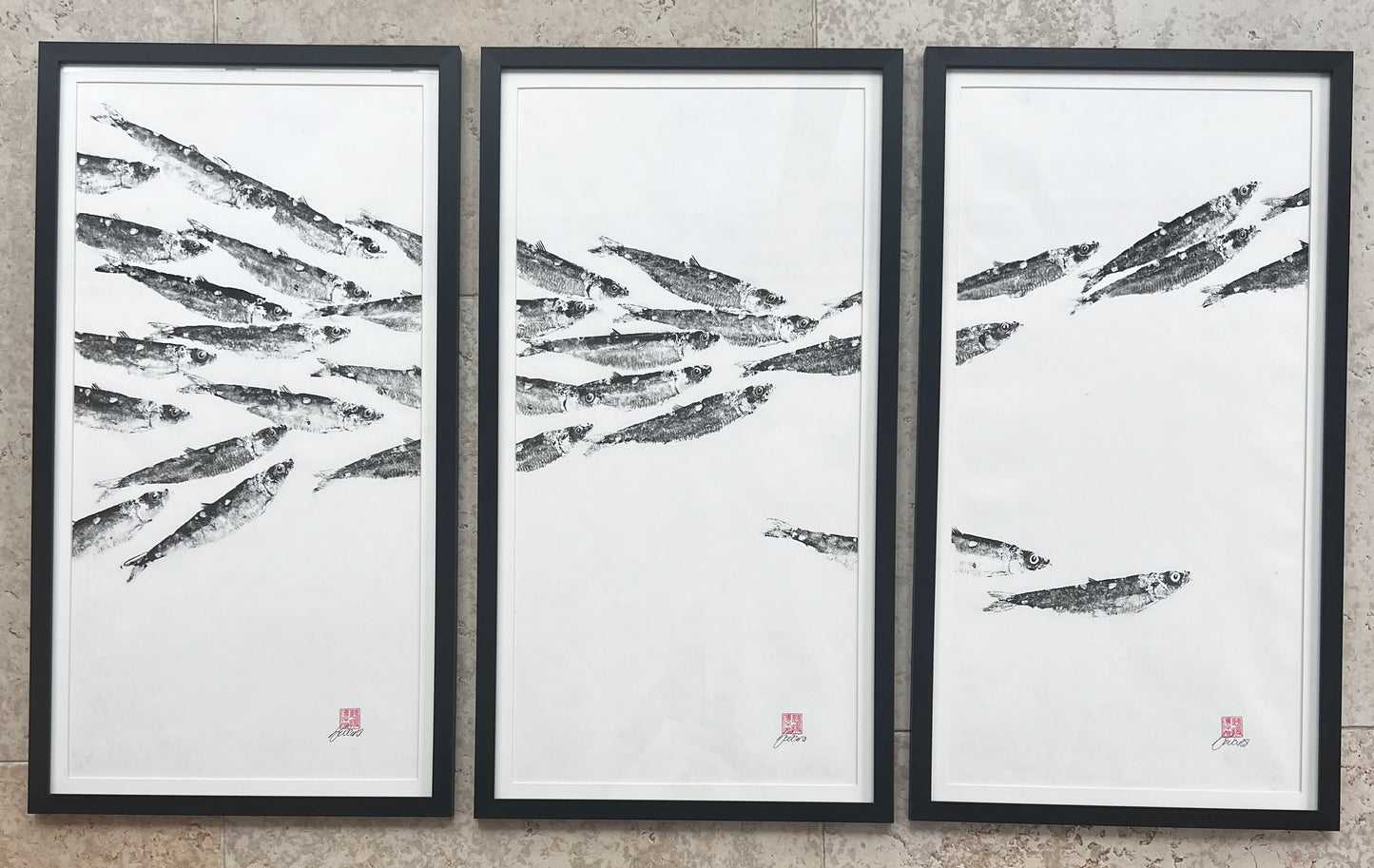 FRAMED TRIPTYCH GYOTAKU OF ANCHOVIES