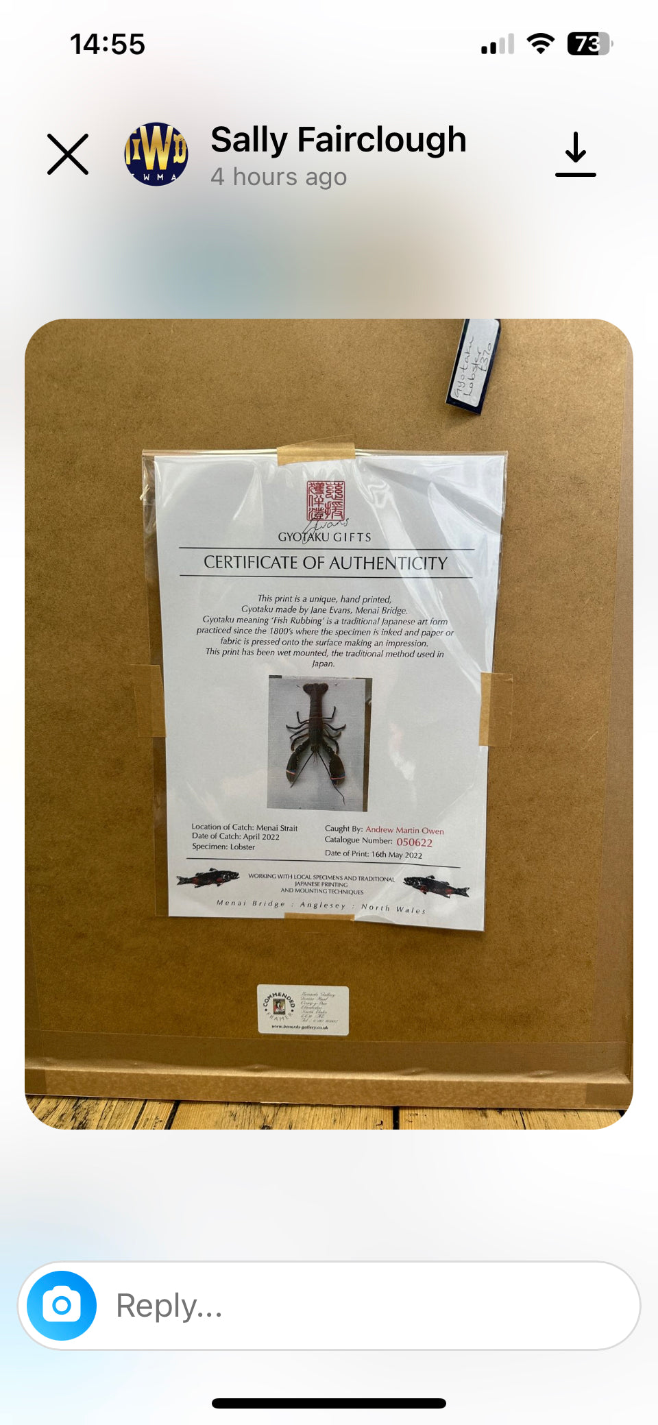 Menai Strait Lobsters, Gyotaku Printed and Wet Mounted.