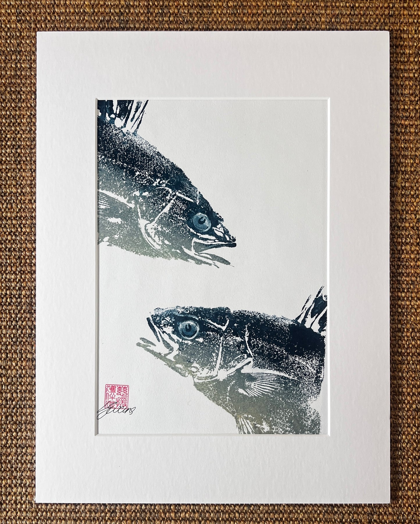 Menai Strait, Line Caught, Sea Bass Heads Duo Gyotaku Printed and Wet Mounted.