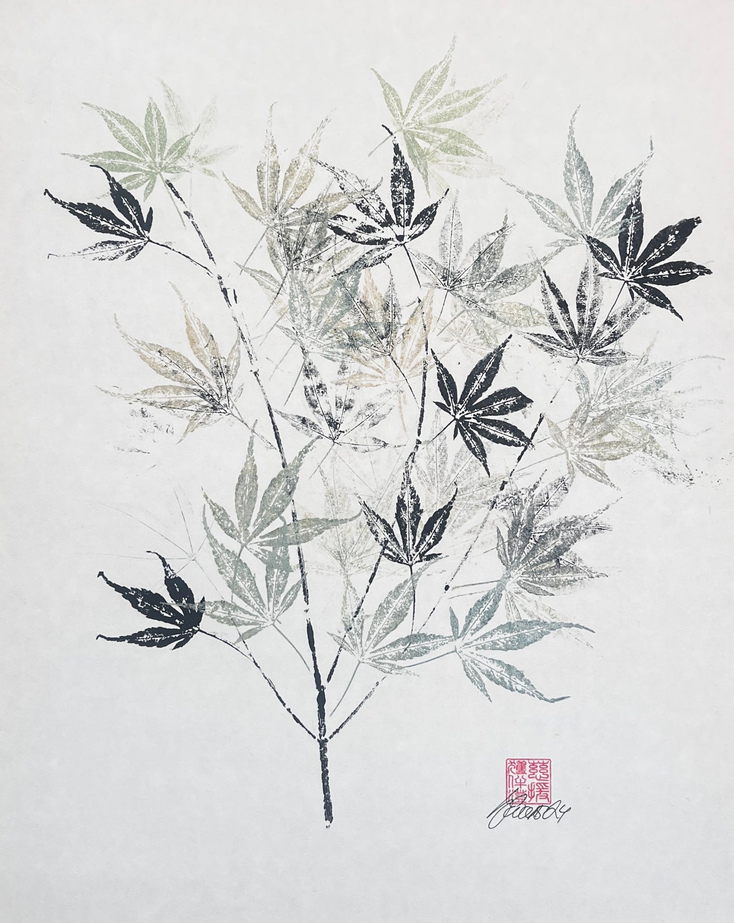Gyotaku of Acer Leaves in Black and Green/Gold