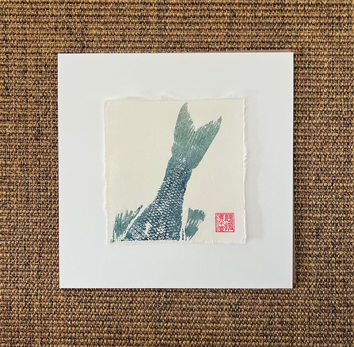 Sea Bass Tail Mini Print – Blue & Gold on Thai Mulberry Paper