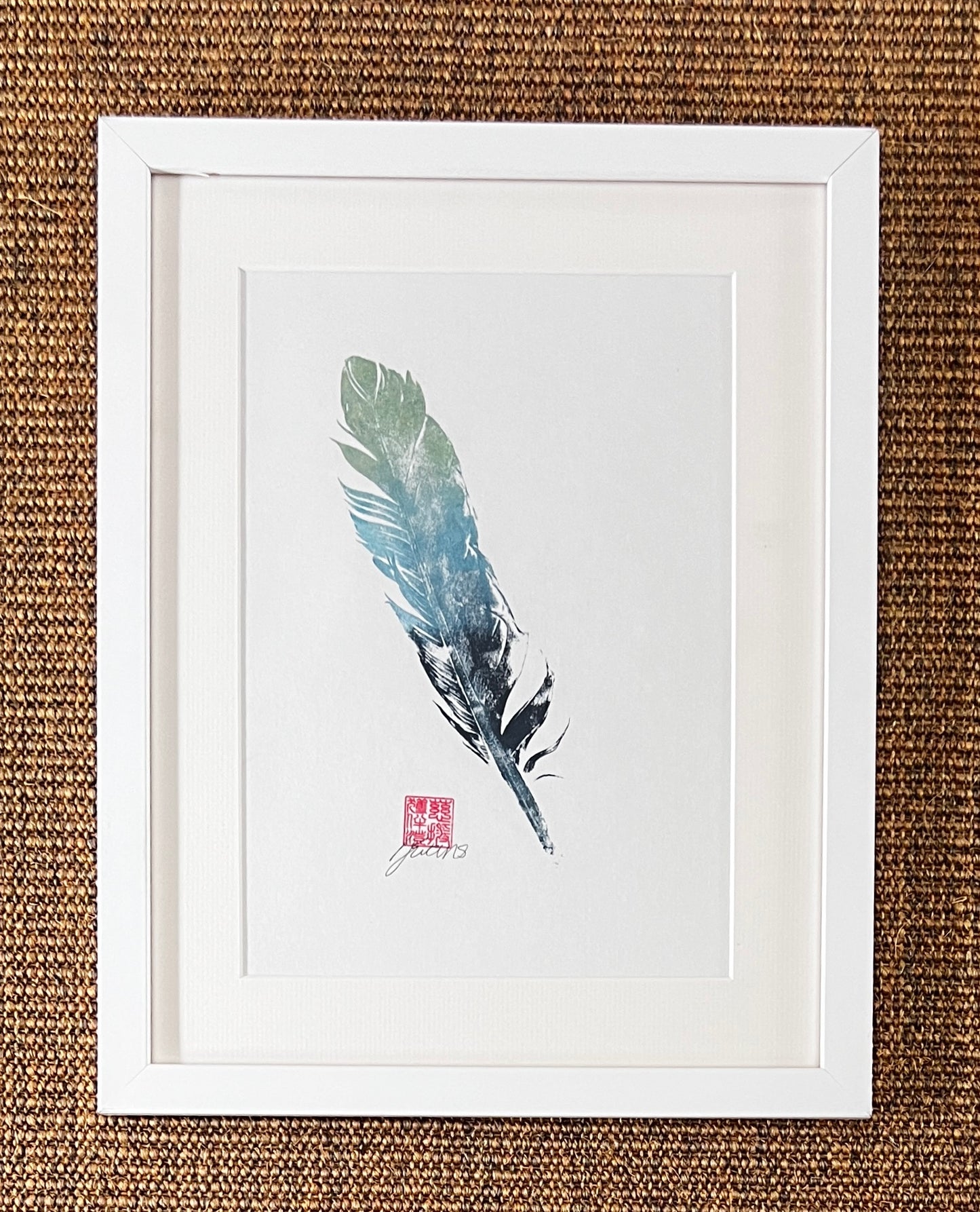 A4 Feather Gyotaku Blue and Gold Framed