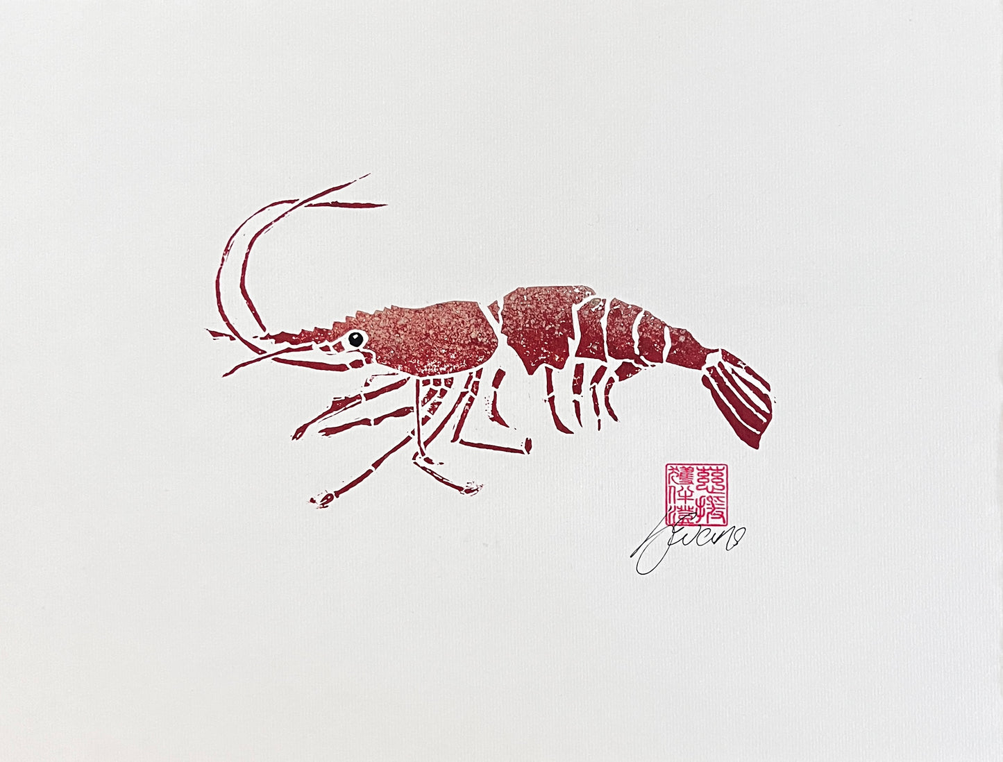 "Linotaku Prawn" – Lino Cut Print by Jane Evans, Anglesey Artist