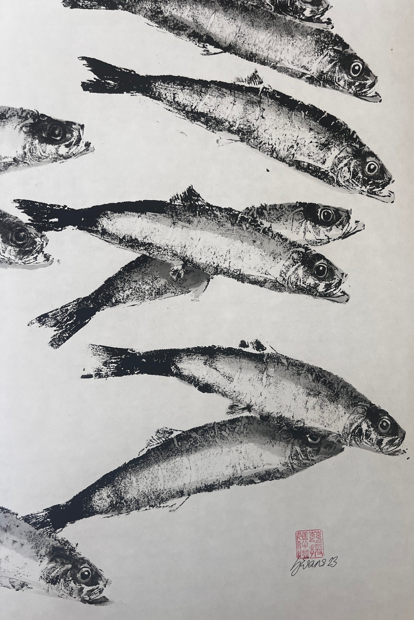 Herring Gyotaku Print finished with watercolour