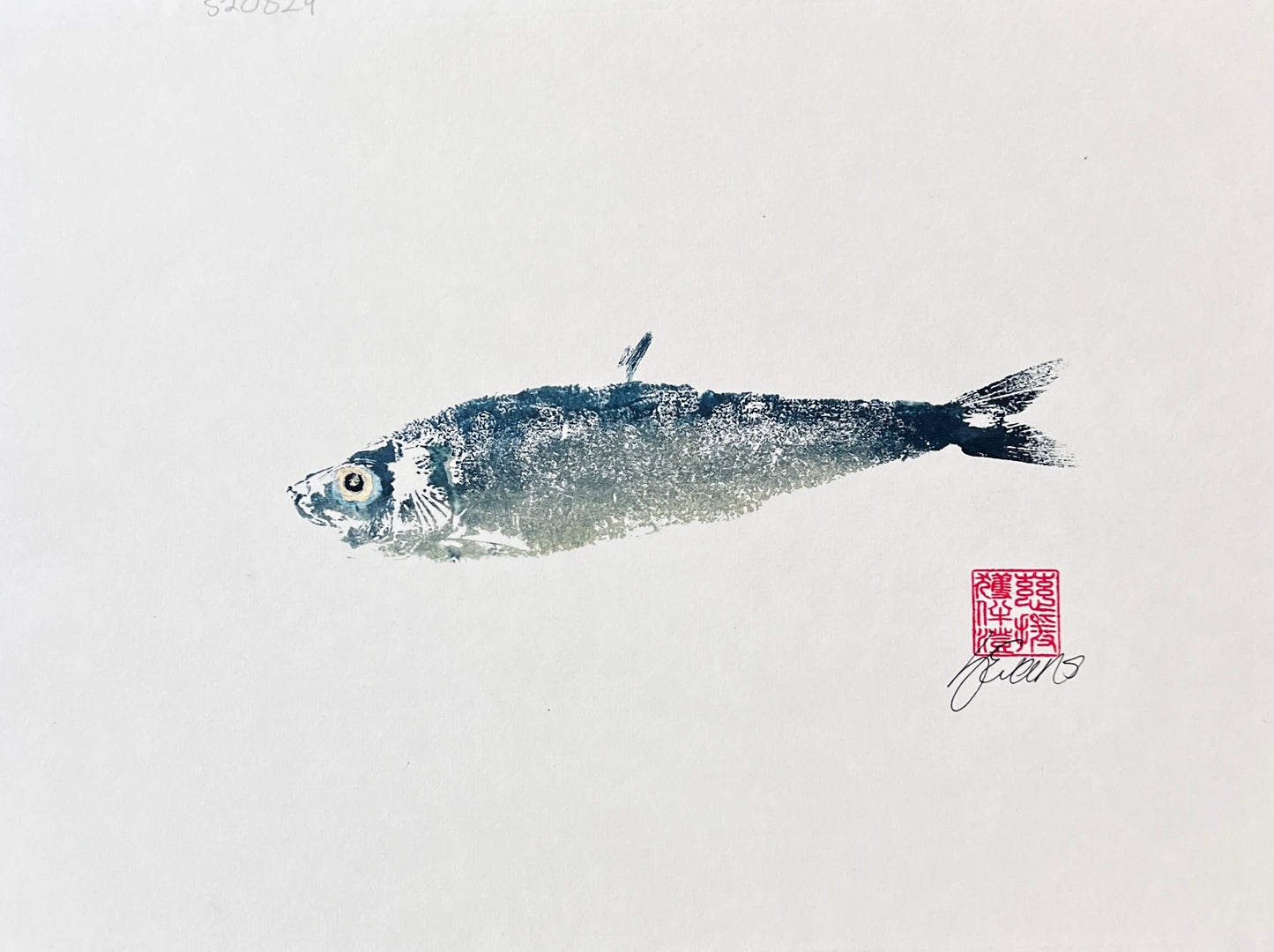 Sardine Gyotaku Print Blue and Gold