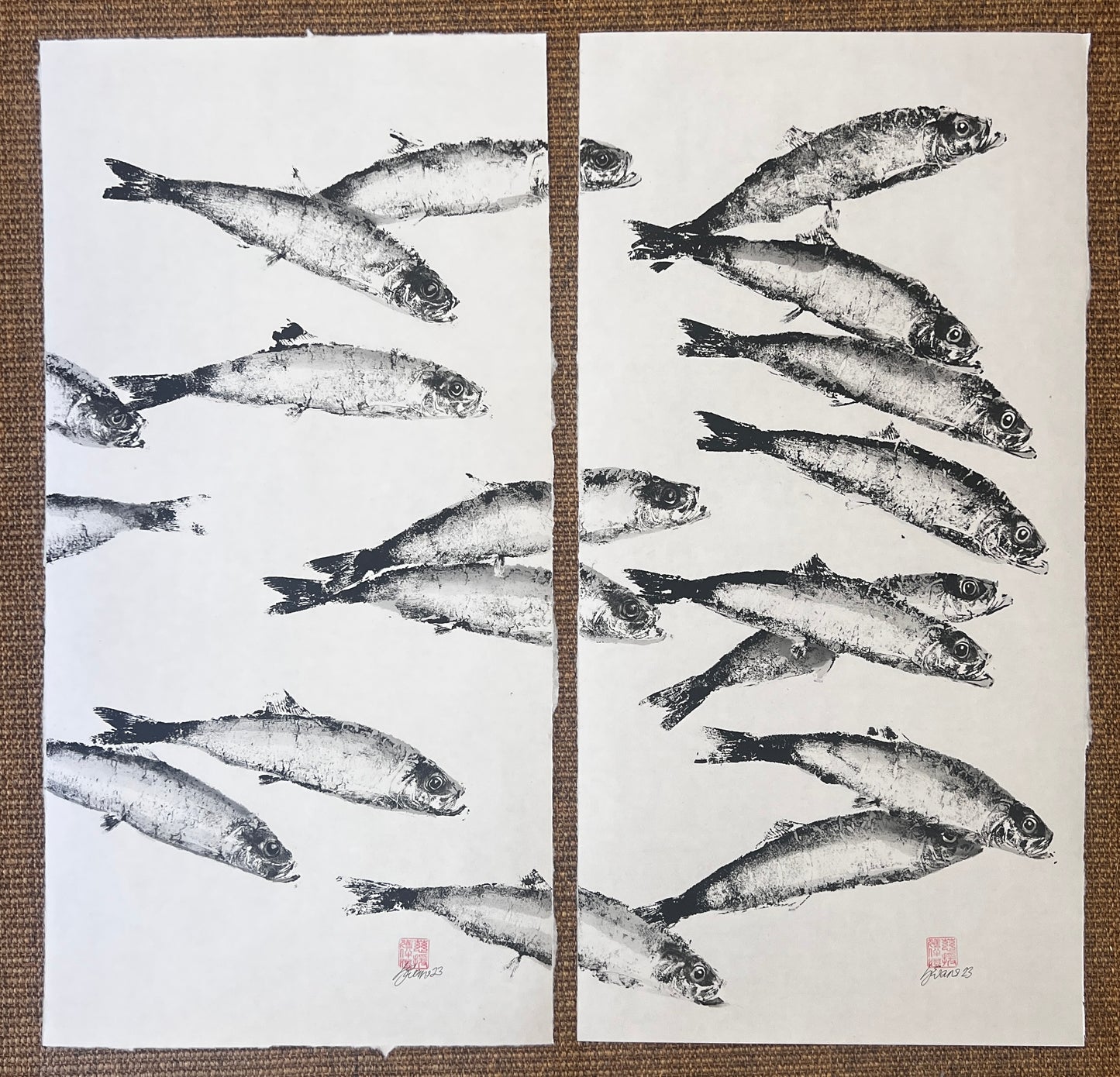 Herring Gyotaku Print finished with watercolour