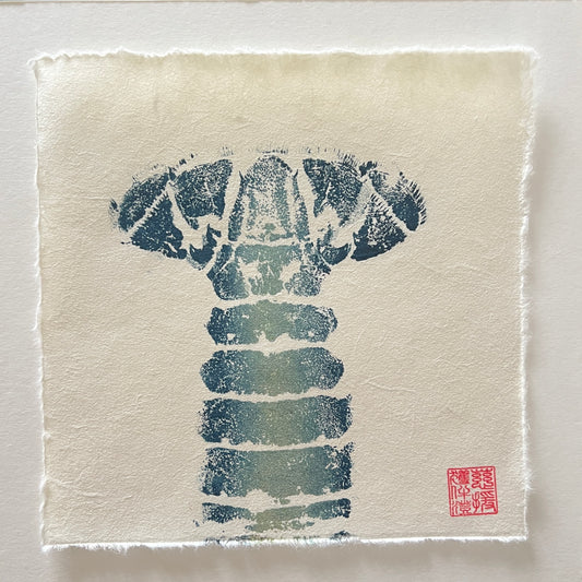 Lobster Tail Mini Print – Blue & Gold on Thai Mulberry Paper