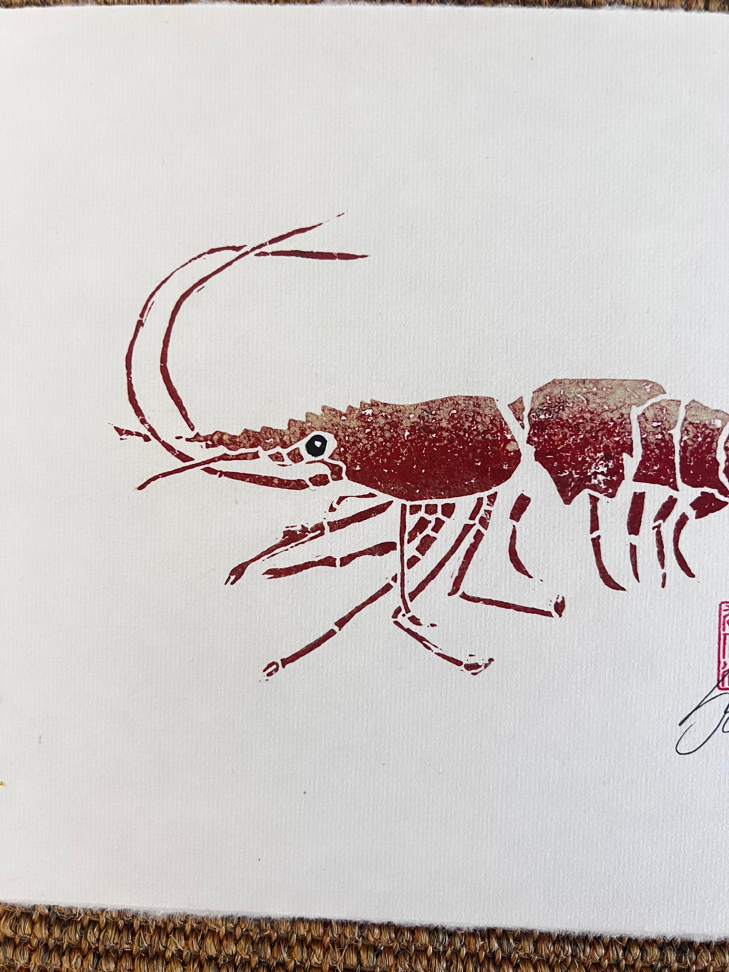 "Linotaku Prawn" – Lino Cut Print by Jane Evans, Anglesey Artist