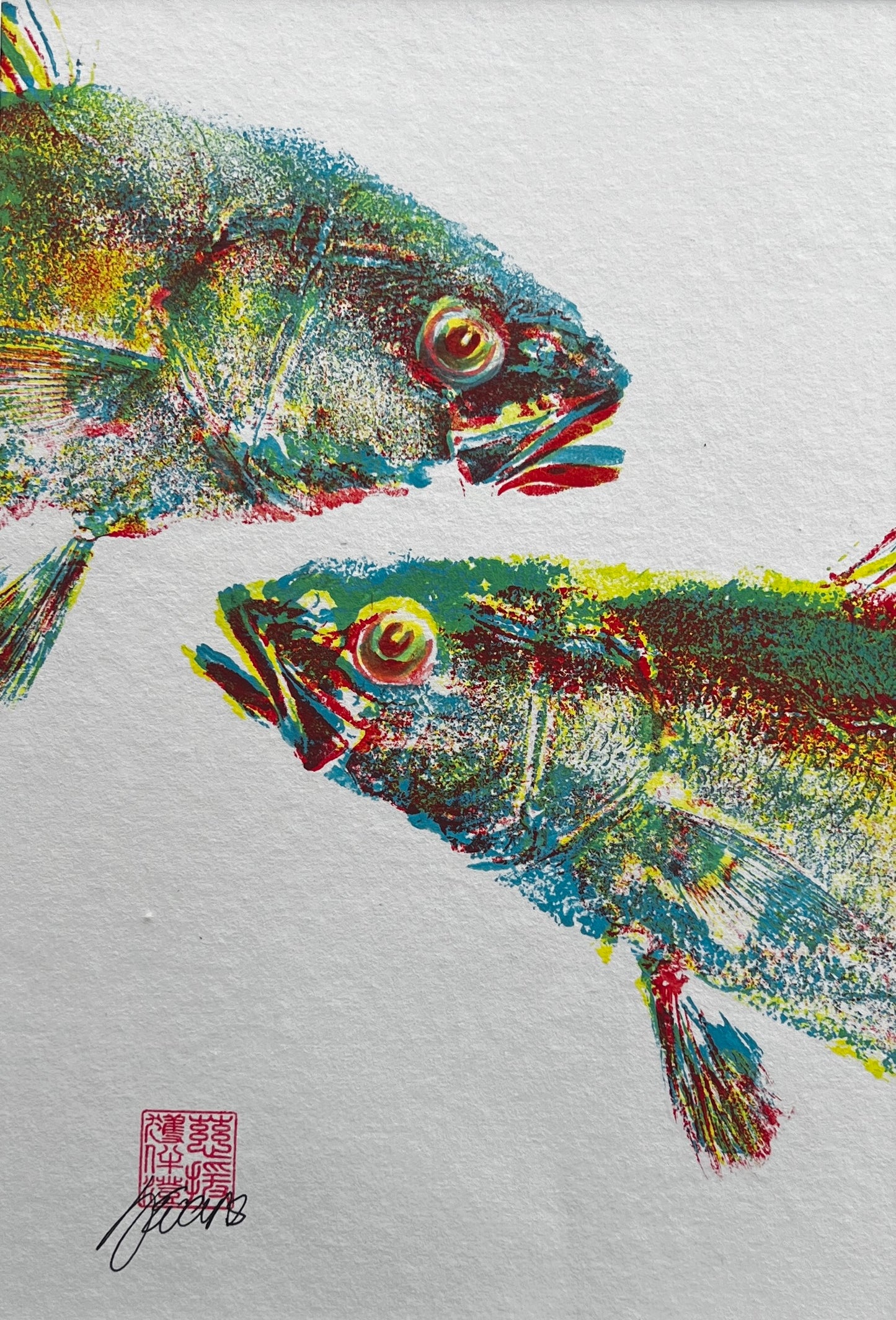 This is not a Screen Print (3 Layer Gyotaku of Sea Bass Heads)
