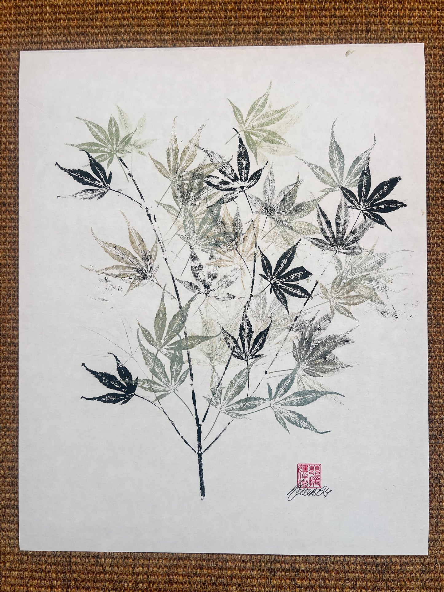 Gyotaku of Acer Leaves in Black and Green/Gold