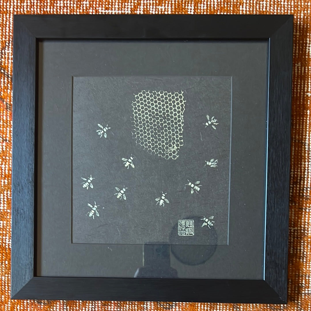 Frame Gyotaku of Bees and Honeycomb