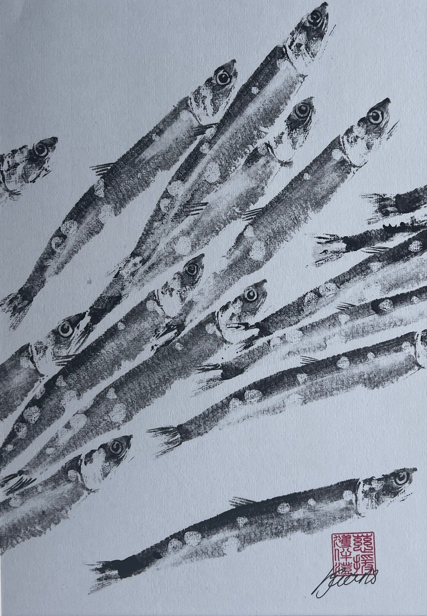 FRAMED A4 GYOTAKU OF ANCHOVIES