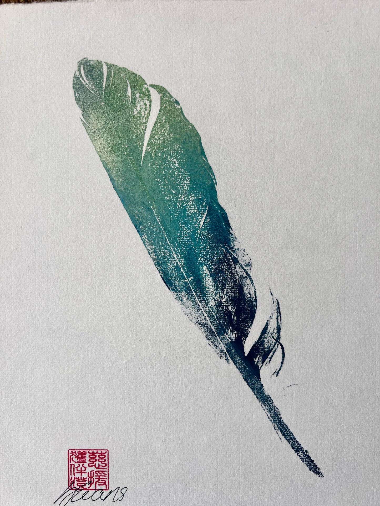 A4 Feather Gyotaku Blue and Gold