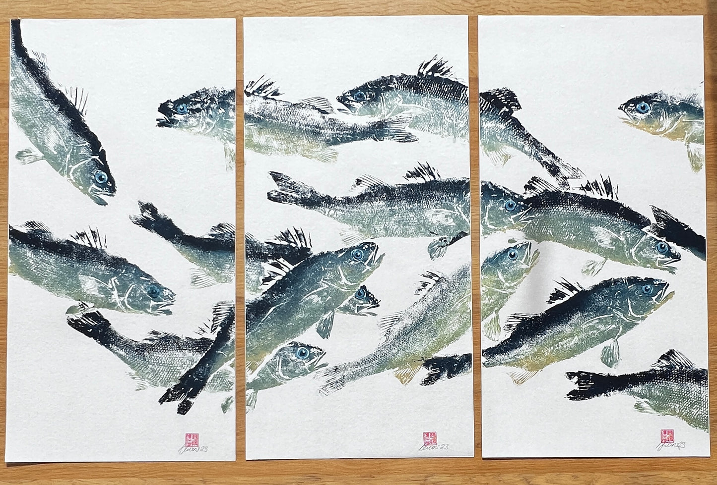Sea Bass Triptych Gyotaku