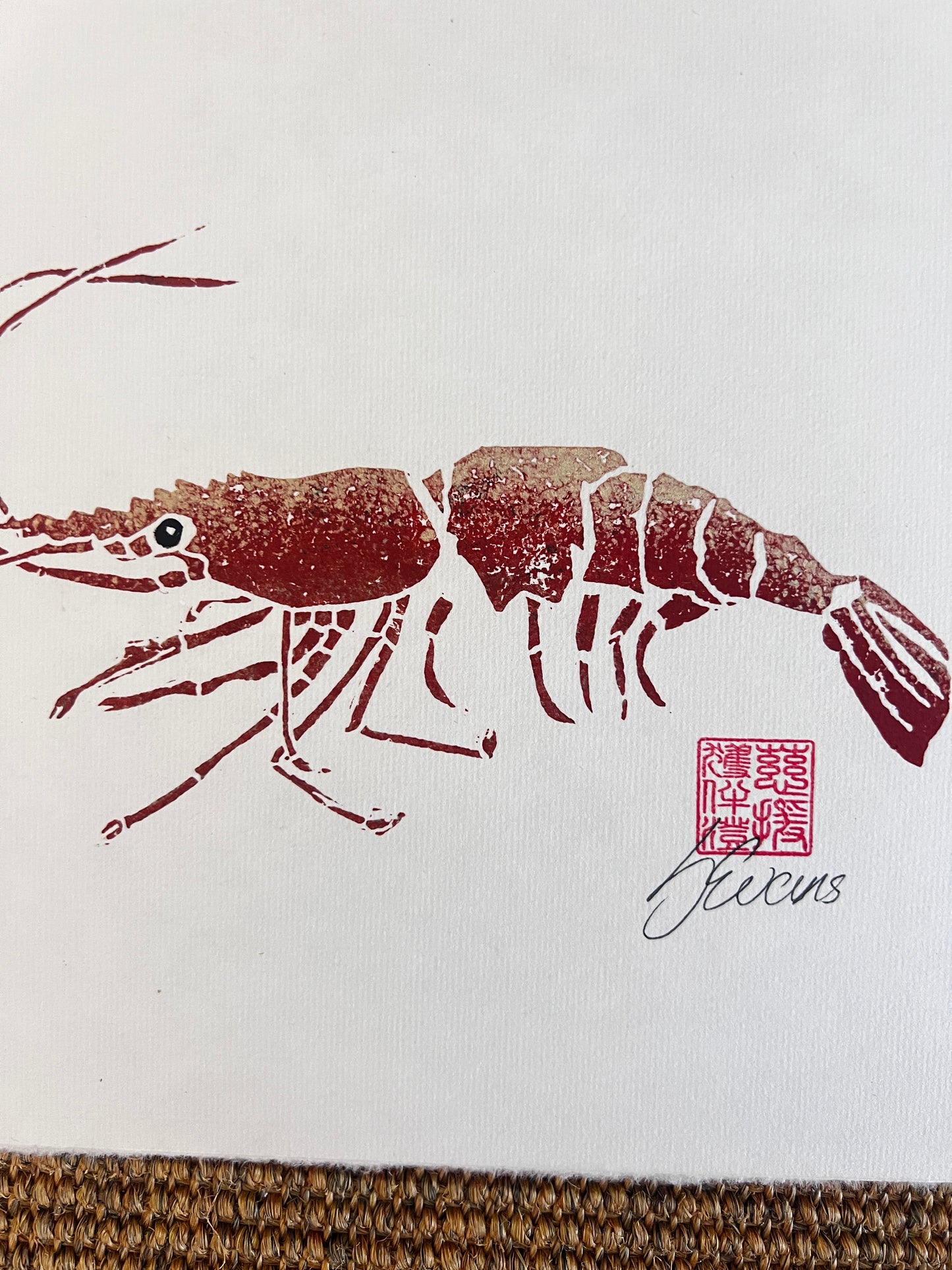 "Linotaku Prawn" – Lino Cut Print by Jane Evans, Anglesey Artist