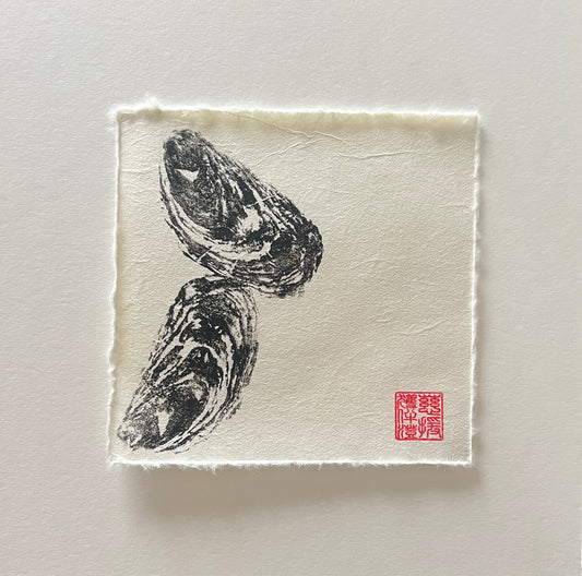 Two Oyster Shells Mini Print – Black Ink on Thai Mulberry Paper