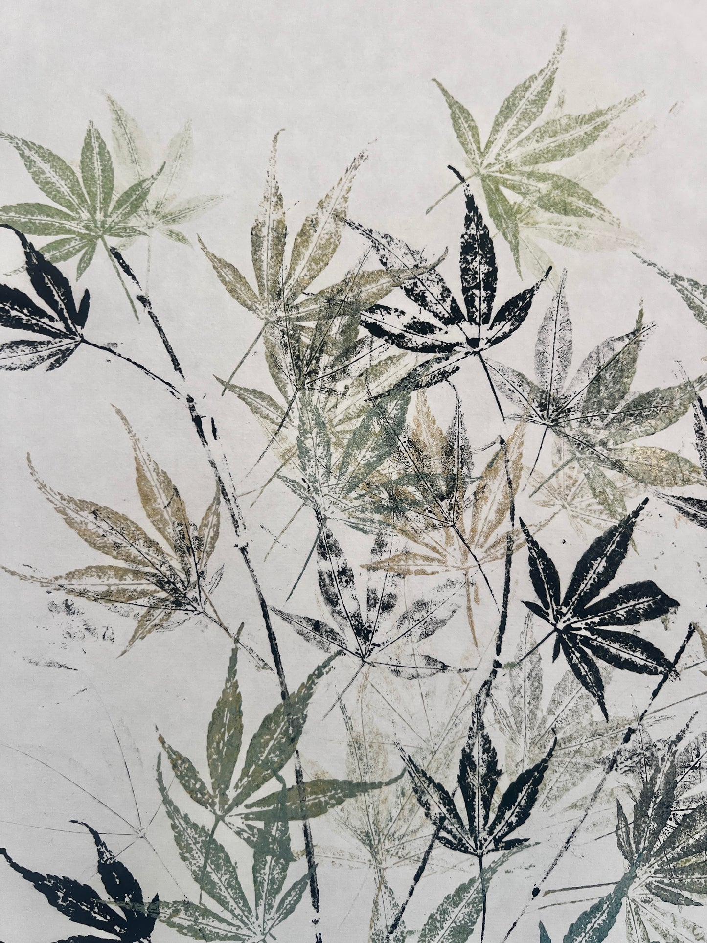 Gyotaku of Acer Leaves in Black and Green/Gold