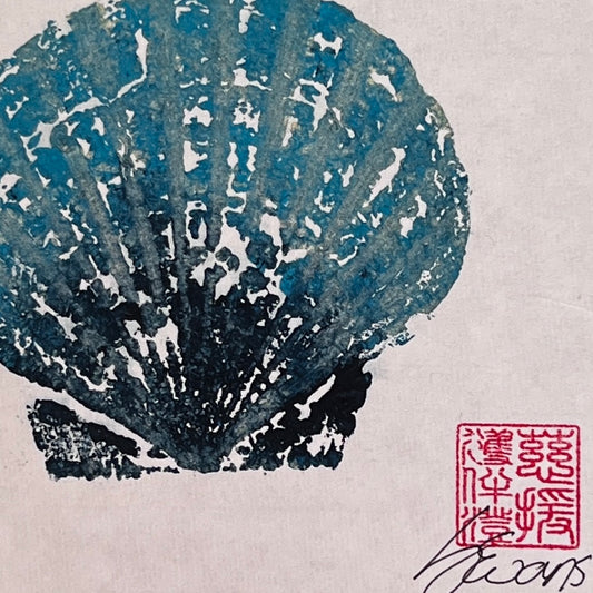 Scallop Shell Gyotaku Print, Wet Mounted