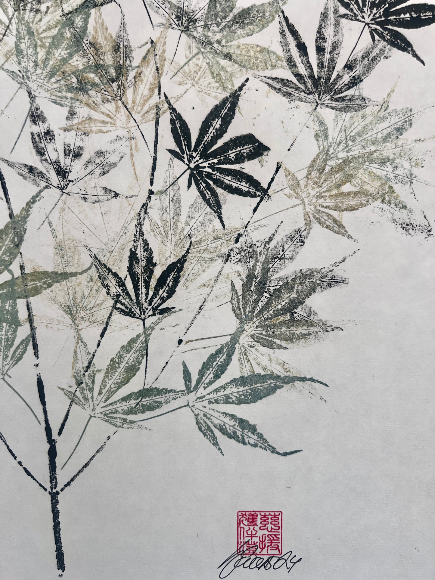 Gyotaku of Acer Leaves in Black and Green/Gold