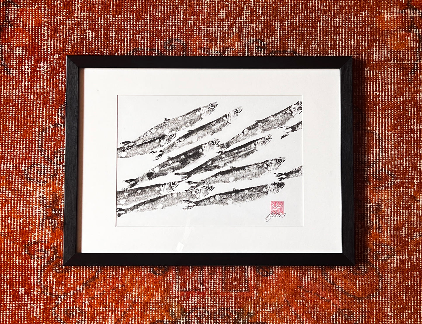 FRAMED A4 GYOTAKU OF ANCHOVIES