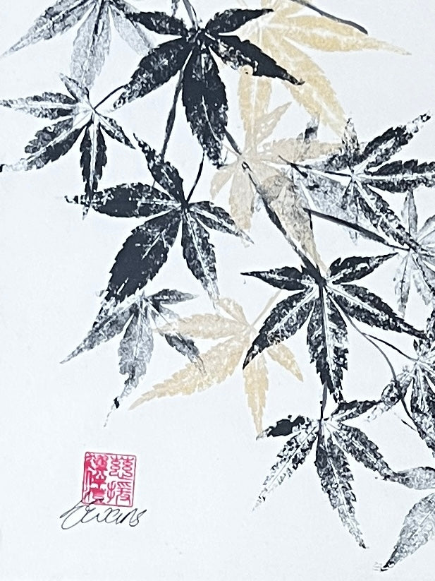 Framed Acer Gyotaku on handmade Japanese Kozo Paper.