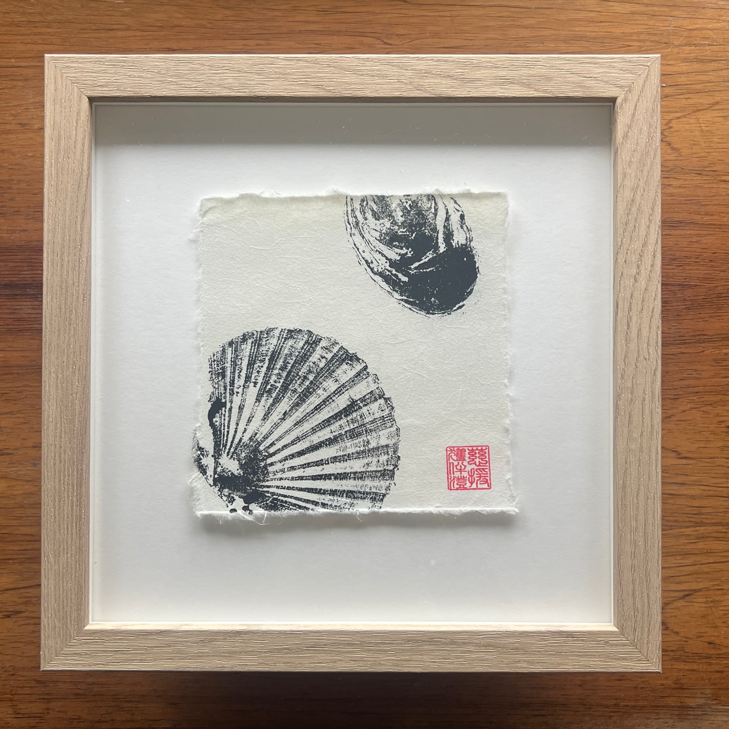 A Scallop Shell and Oyster Shell Mini Print – Black Ink on Thai Mulberry Paper