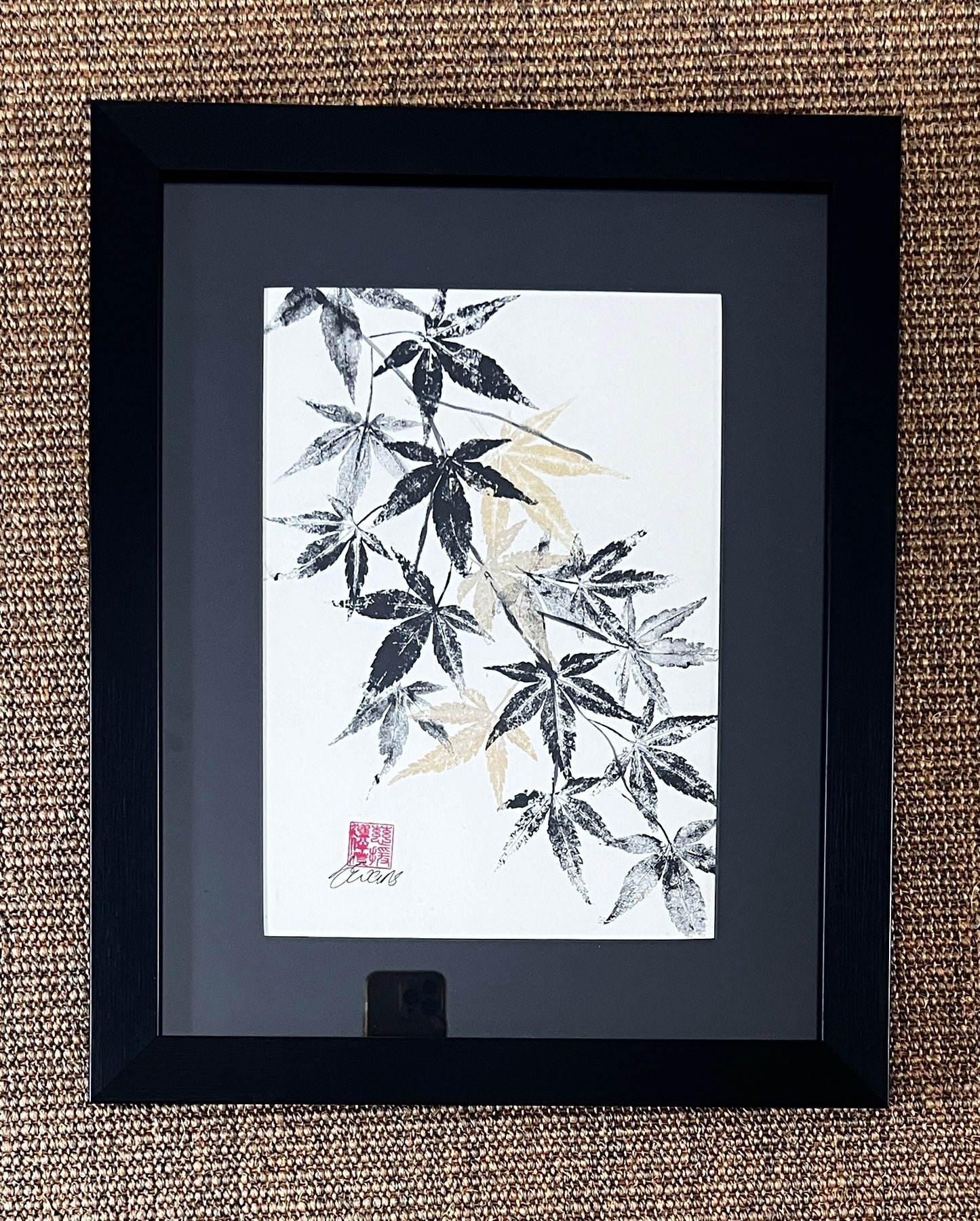 Framed Acer Gyotaku on handmade Japanese Kozo Paper.