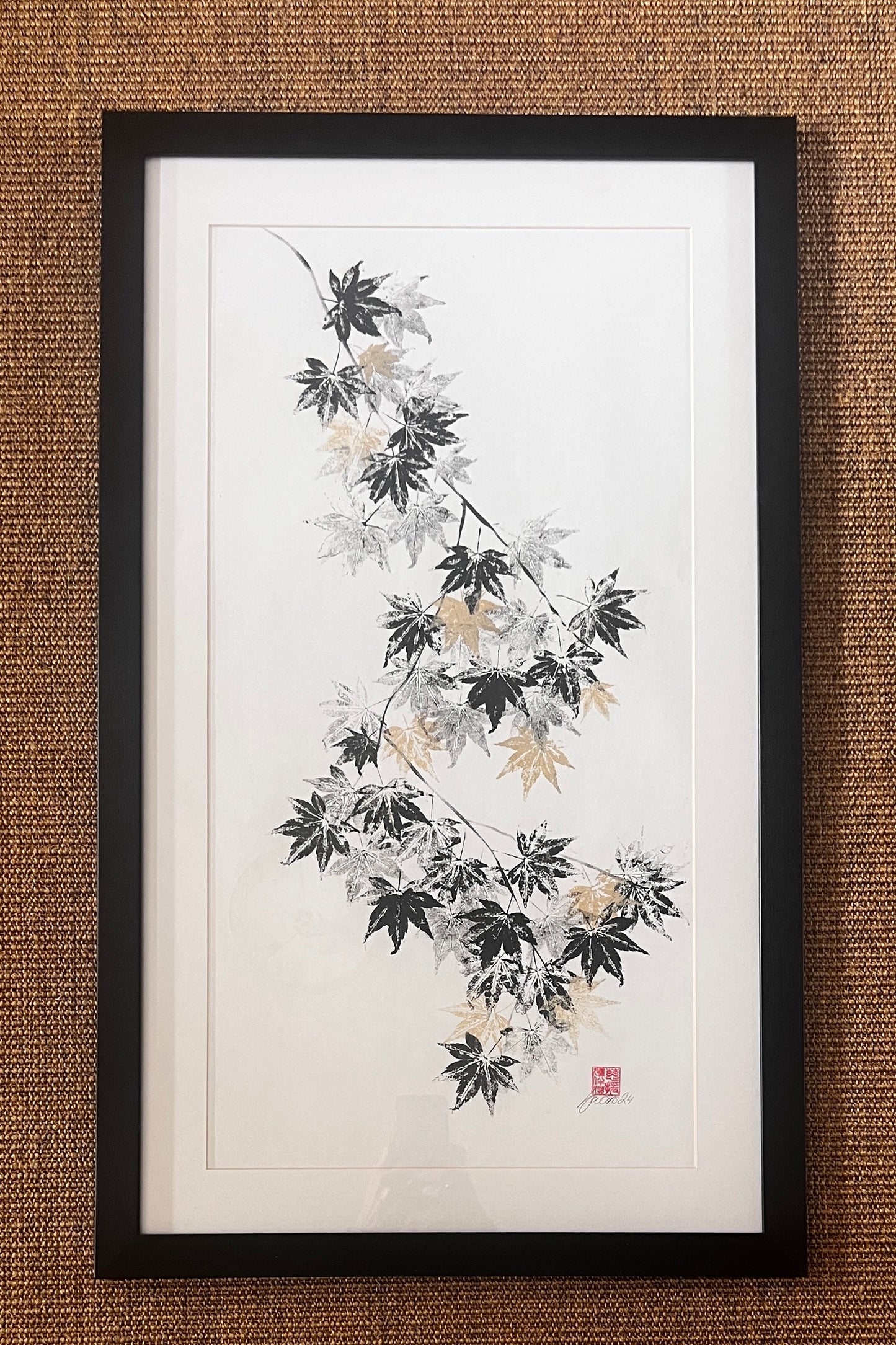 Framed Acer Gyotaku on handmade Japanese Kozo Paper.