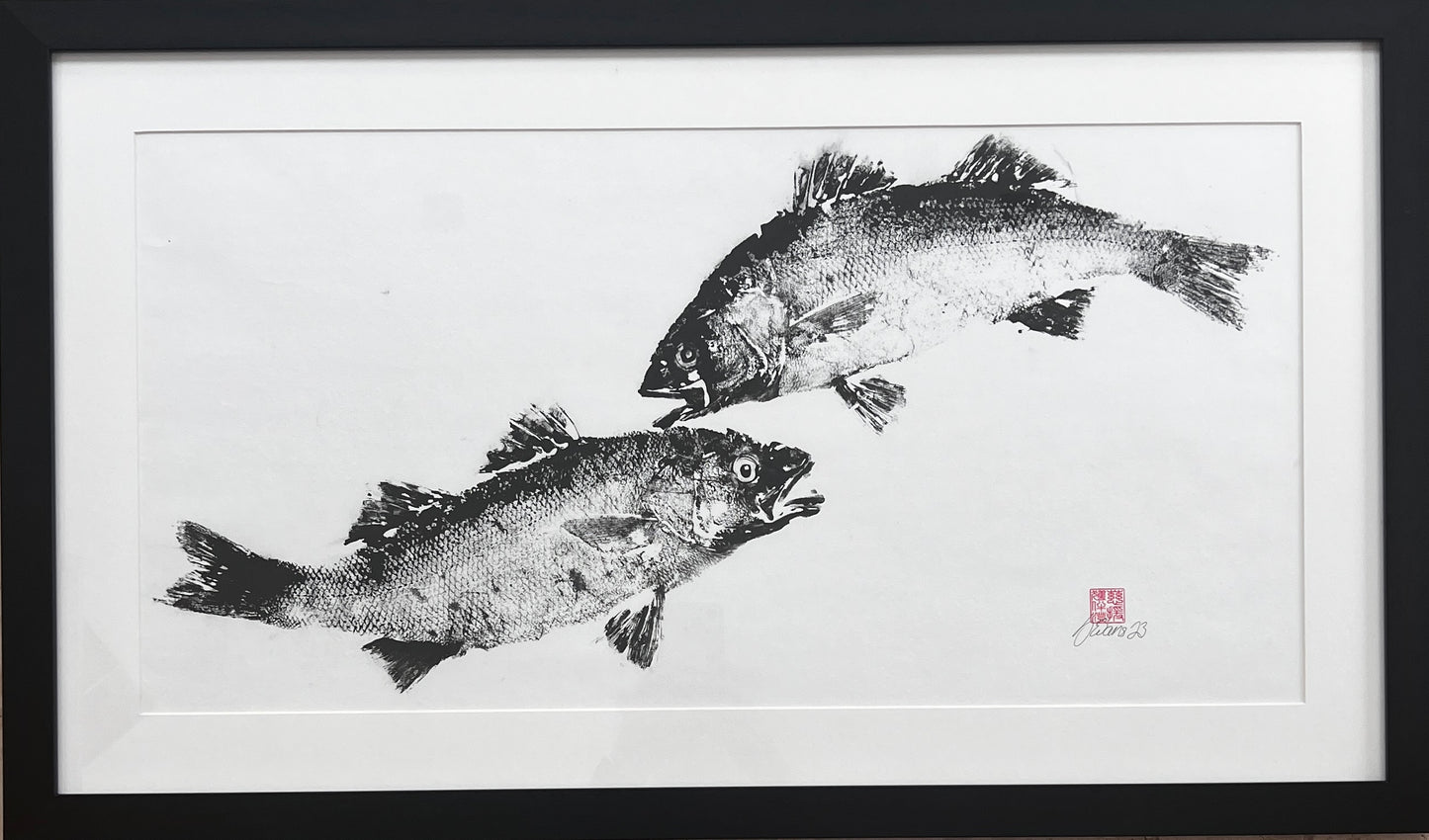 Anglesey Sea Bass Duo Gyotaku Print using Sumi Ink