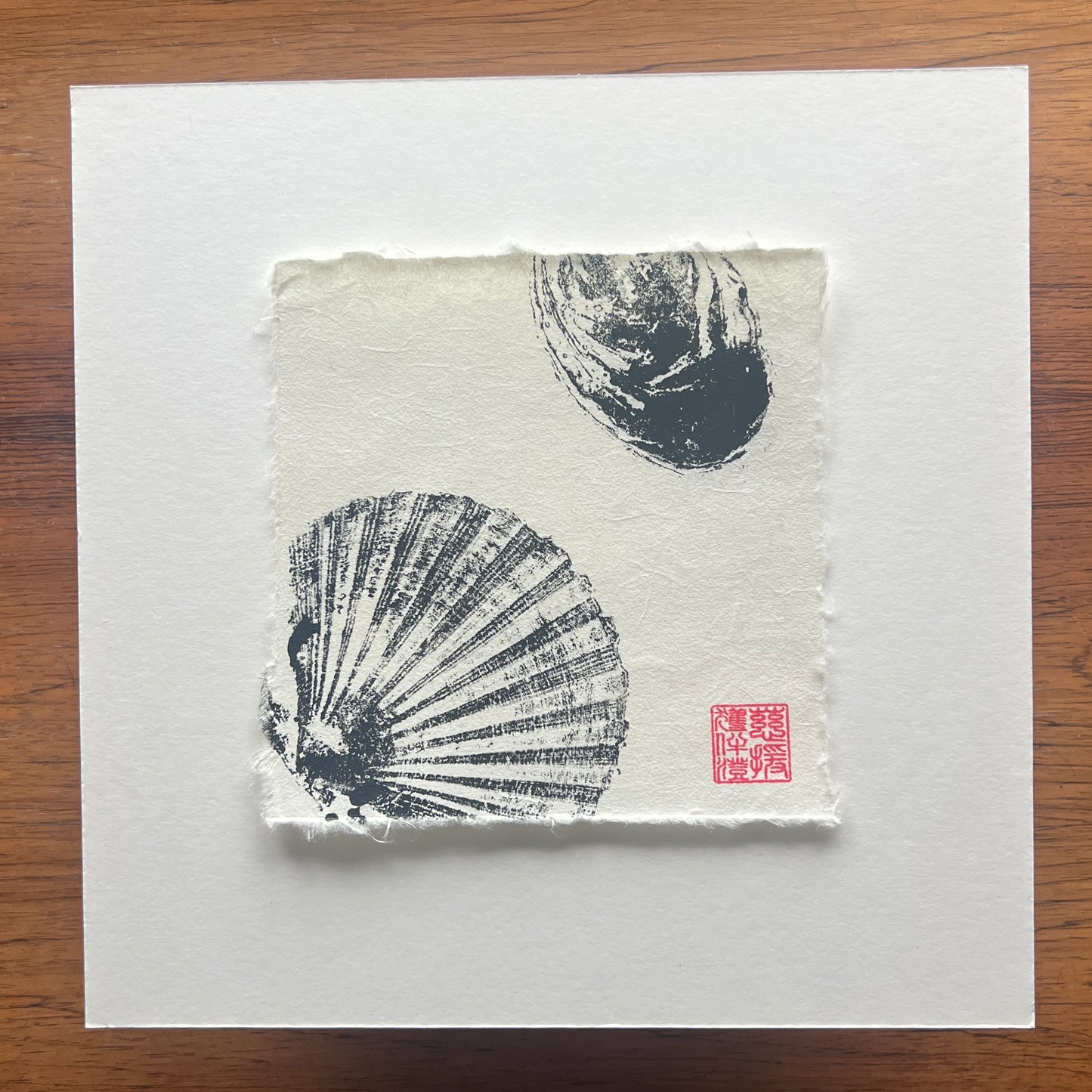 A Scallop Shell and Oyster Shell Mini Print – Black Ink on Thai Mulberry Paper