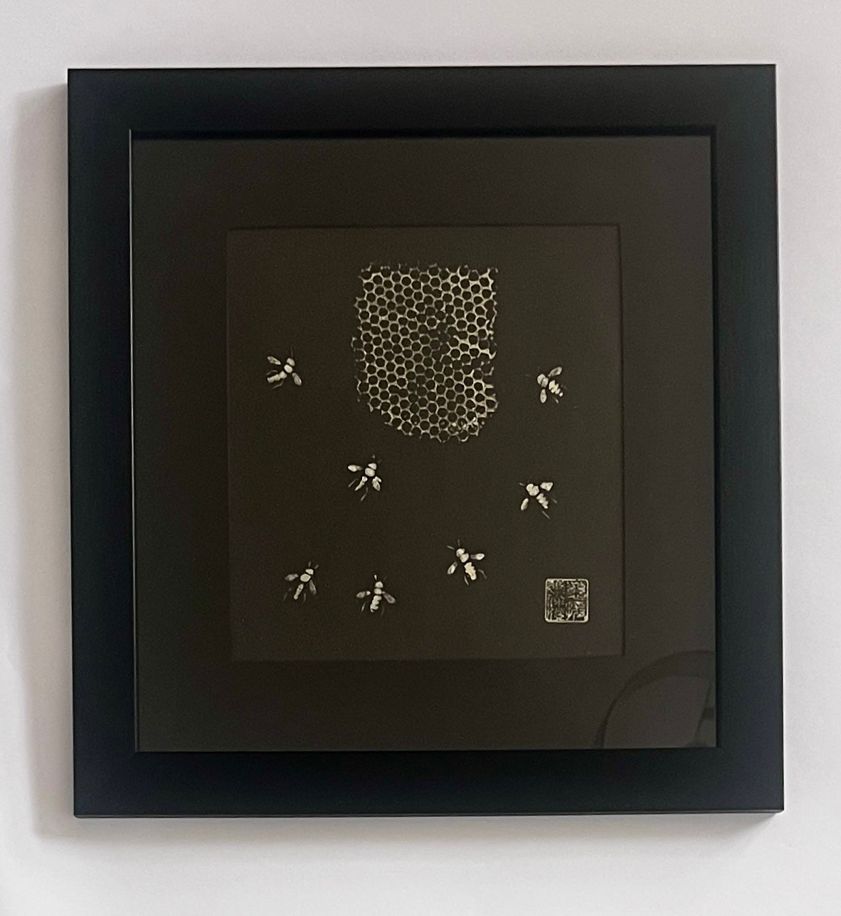 Framed Gyotaku of Bees and Honeycomb