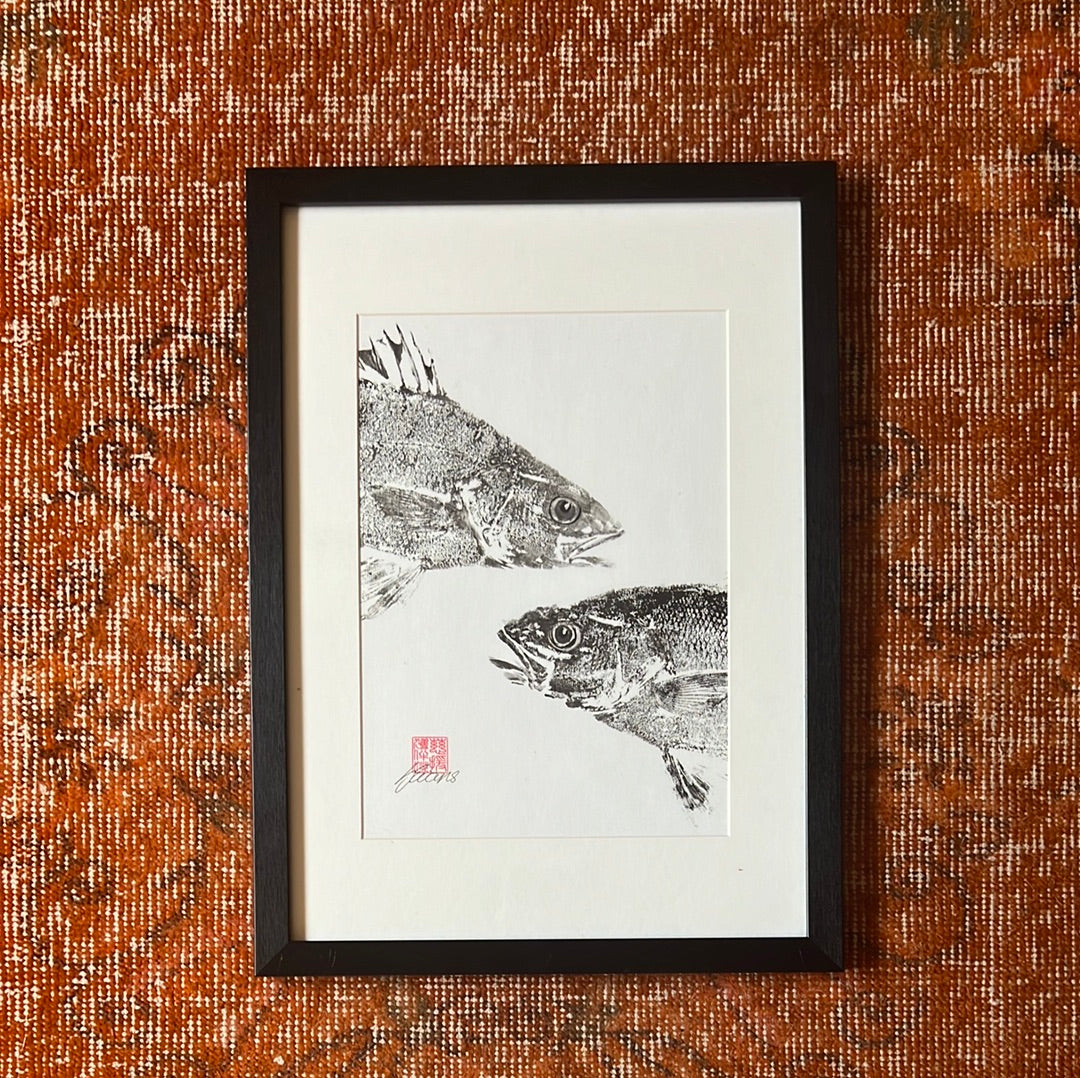 Just Passing (2 Sea Bass Heads printined in Sumi Ink) Framed