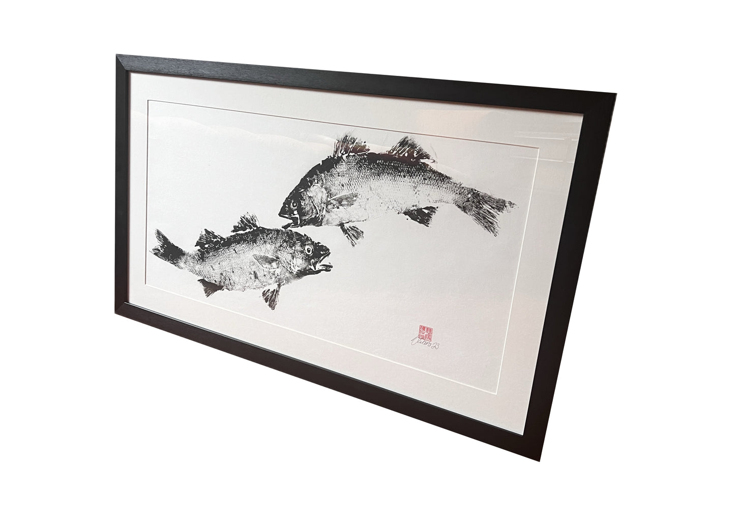 Anglesey Sea Bass Duo Gyotaku Print using Sumi Ink