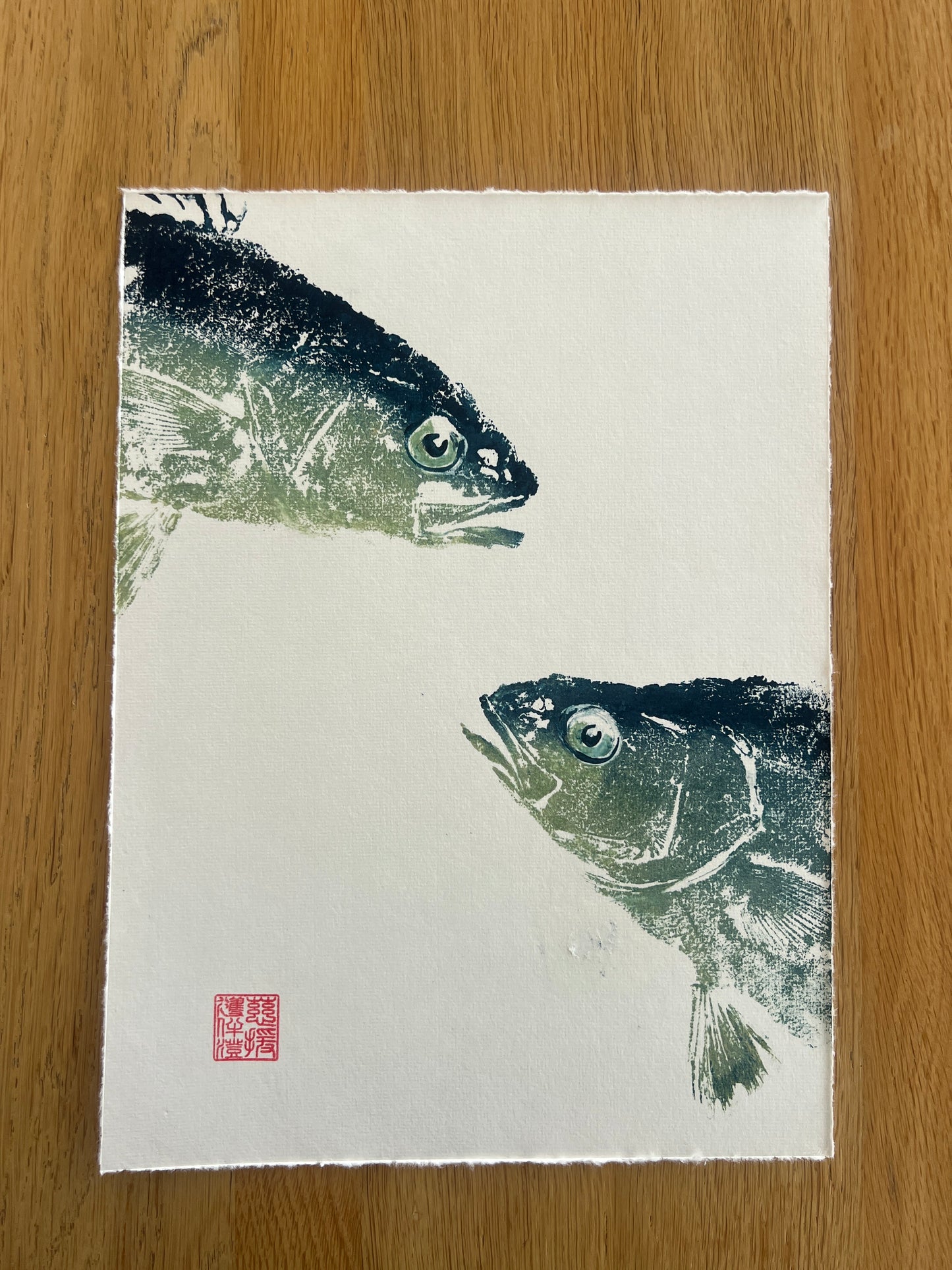 A4 Sea Bass Heads Gyotaku – Blue, Green and Gold