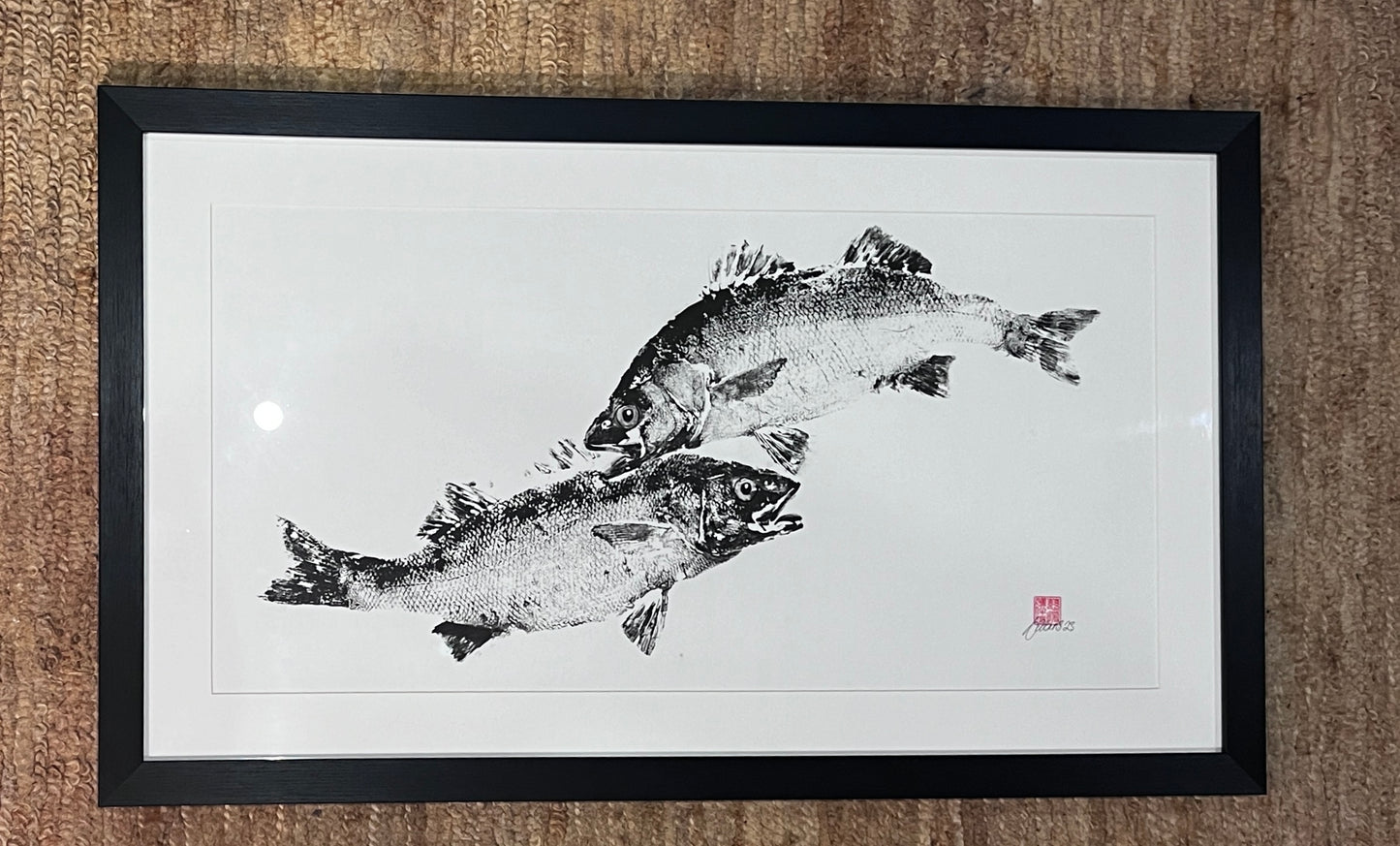 Anglesey Sea Bass Duo Gyotaku Print using Sumi Ink