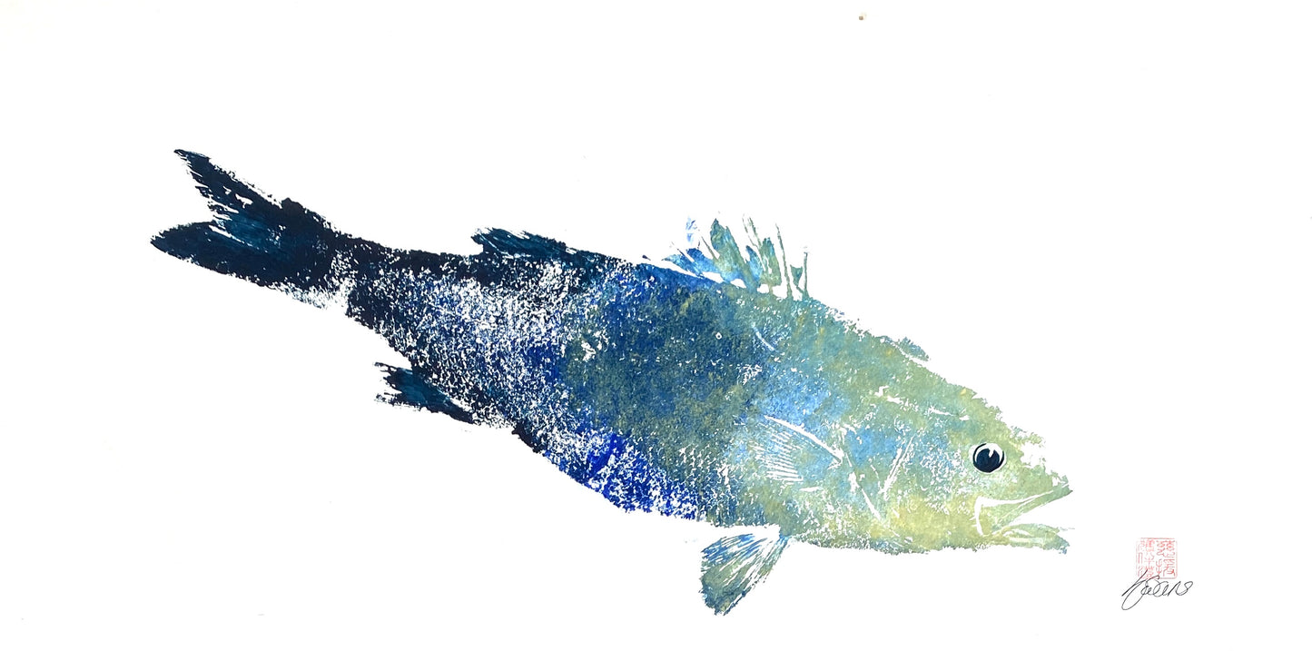 Menai Strait, Line Caught Sea Bass Gyotaku Printed and Wet Mount