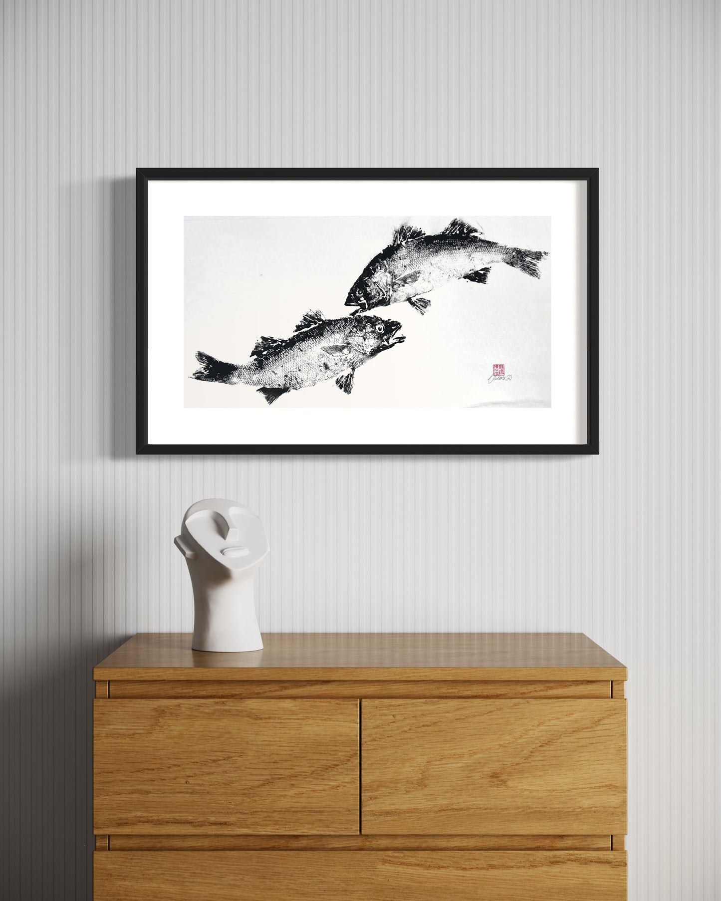 Anglesey Sea Bass Duo Gyotaku Print using Sumi Ink