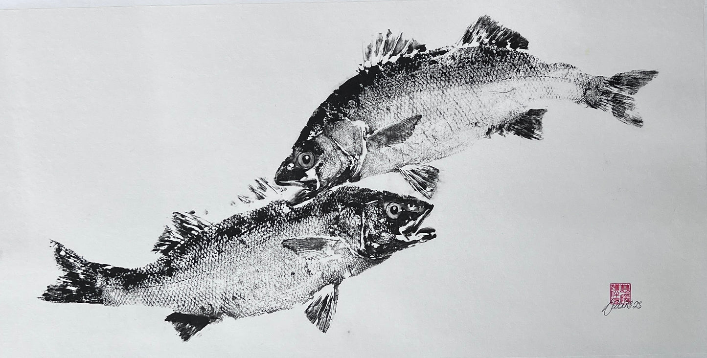 Anglesey Sea Bass Duo Gyotaku Print using Sumi Ink