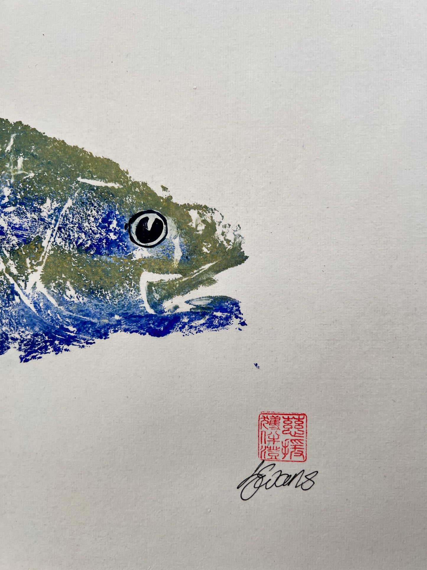 Menai Strait, Line Caught Sea Bass Gyotaku Printed and Wet Mounted.