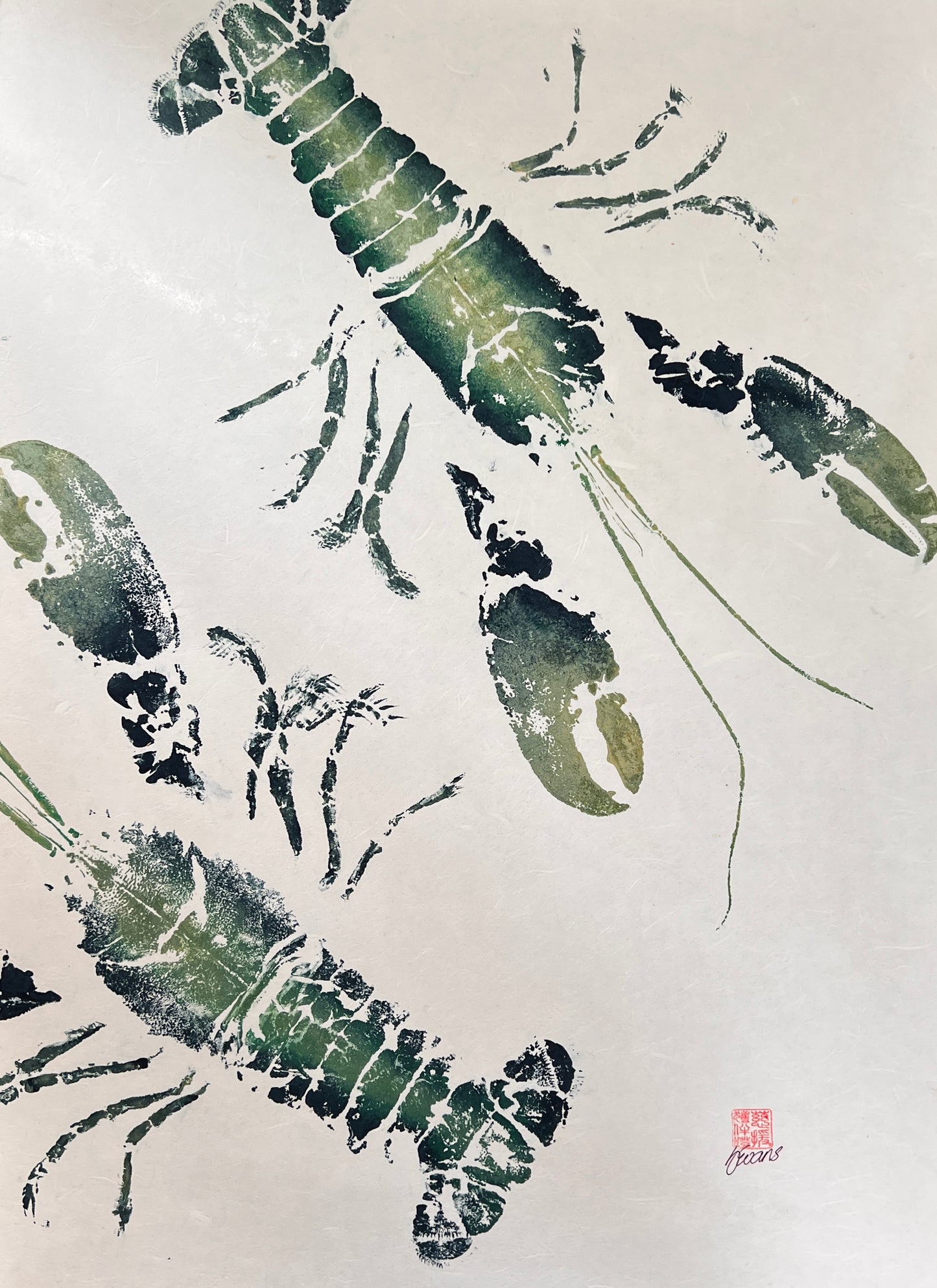 Menai Strait Lobsters, Gyotaku Printed and Wet Mounted.