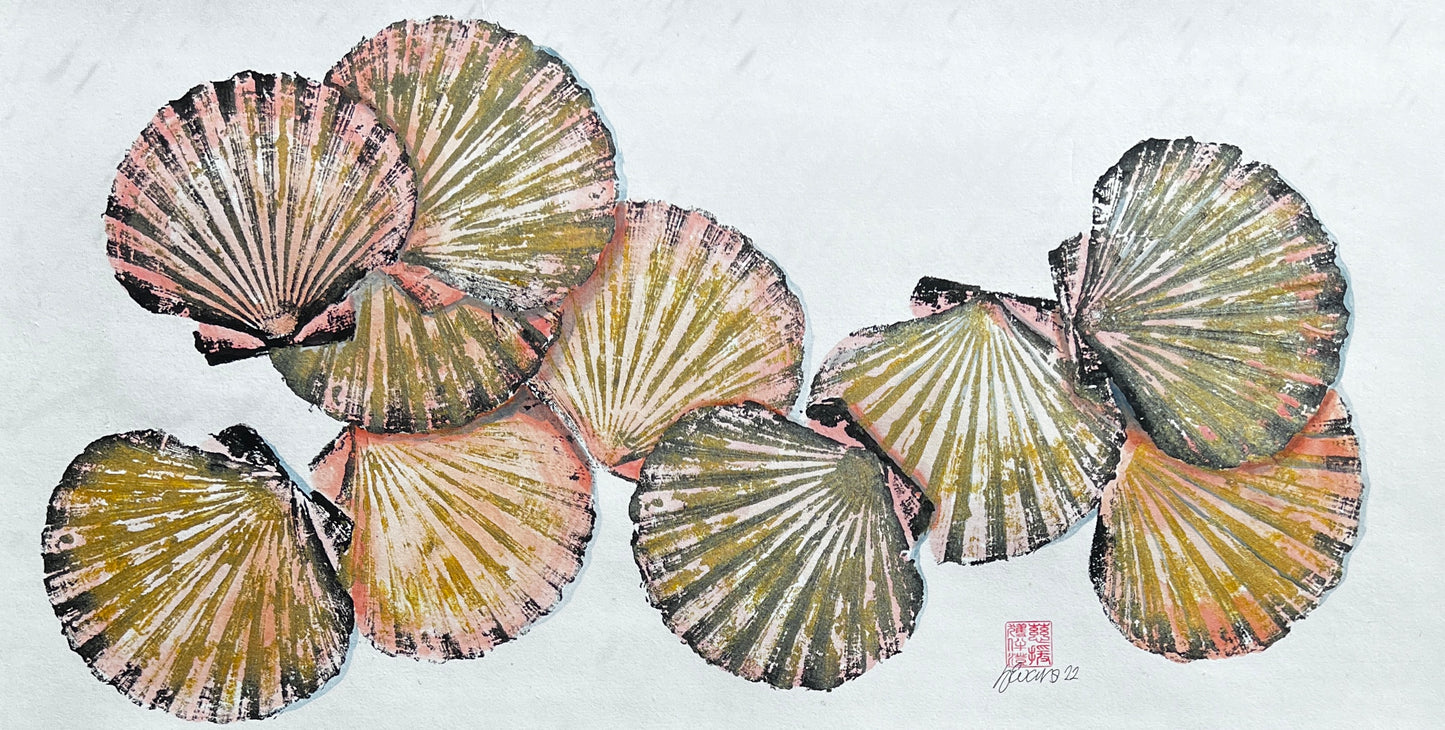 Hand Painted Multiple Scallop Shell Gyotaku Print, Wet Mounted