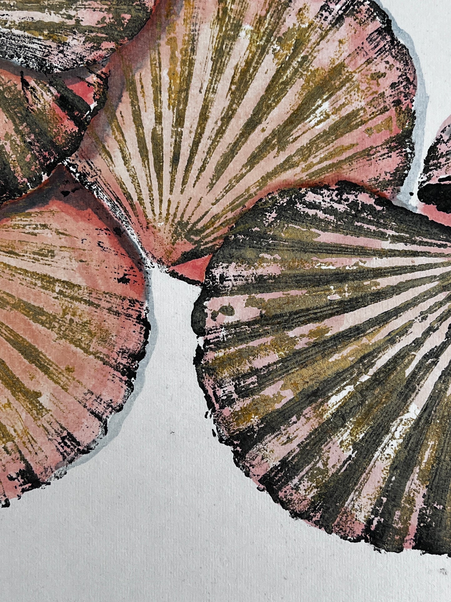 Hand Painted Multiple Scallop Shell Gyotaku Print, Wet Mounted