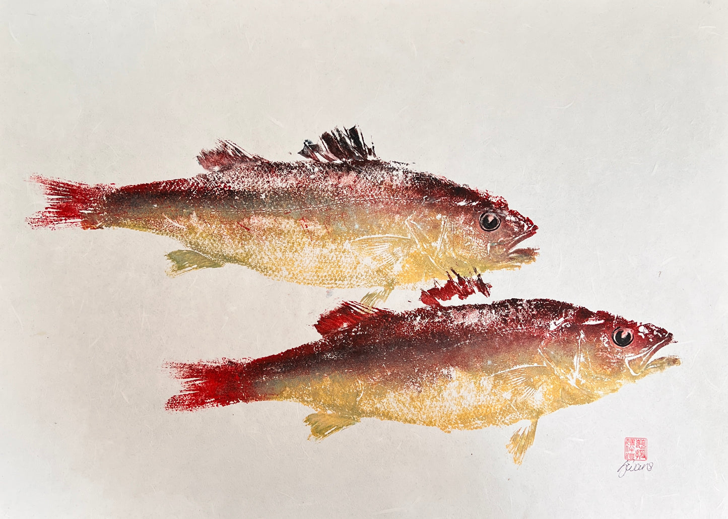 Menai Strait, Line Caught Sea Bass Gyotaku Printed and Wet Mounted.