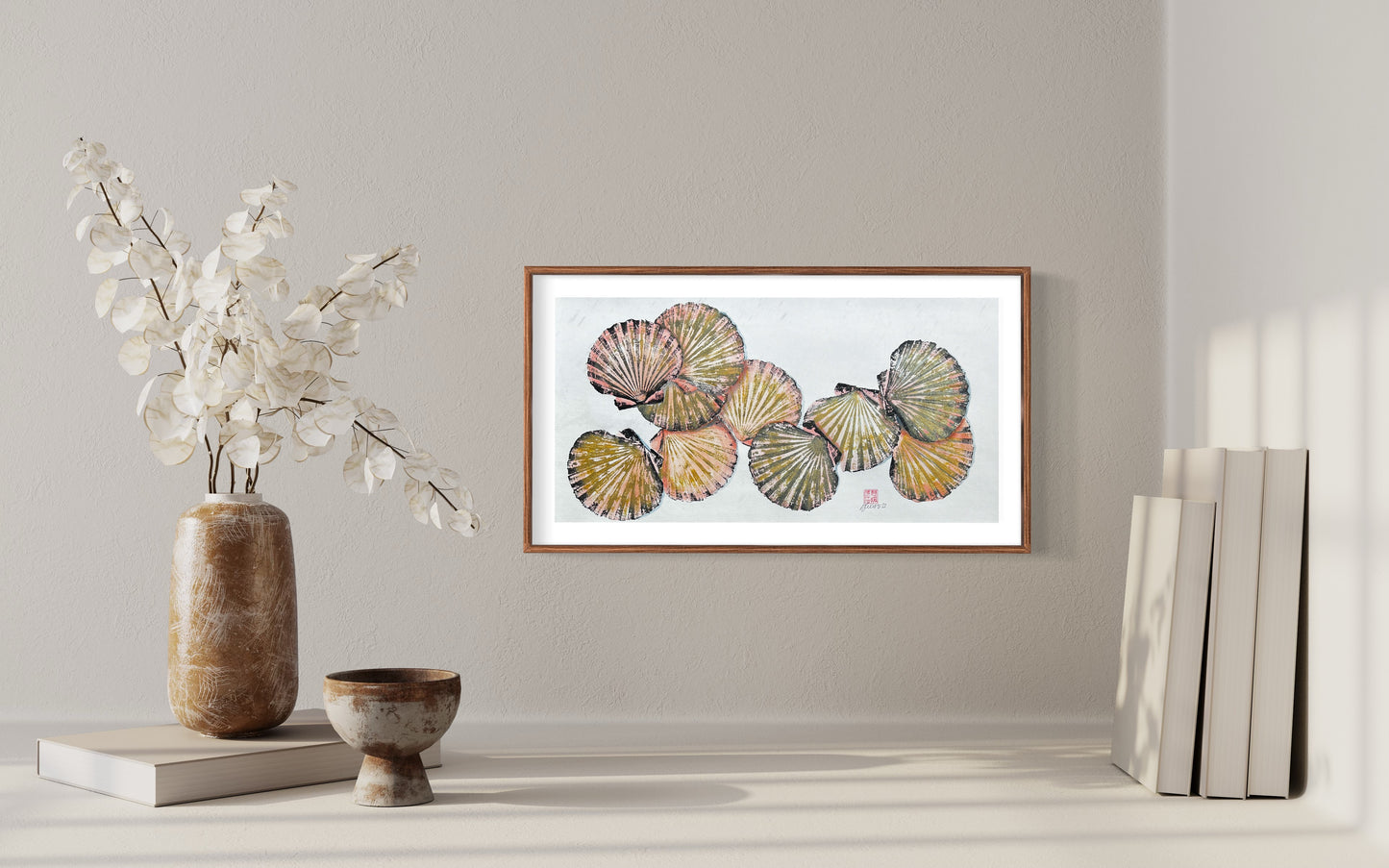 Hand Painted Multiple Scallop Shell Gyotaku Print, Wet Mounted