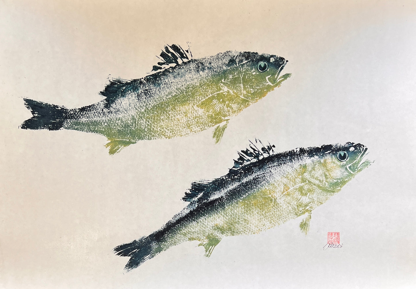 Menai Strait, Line Caught Sea Bass Gyotaku Printed and Wet Mounted.