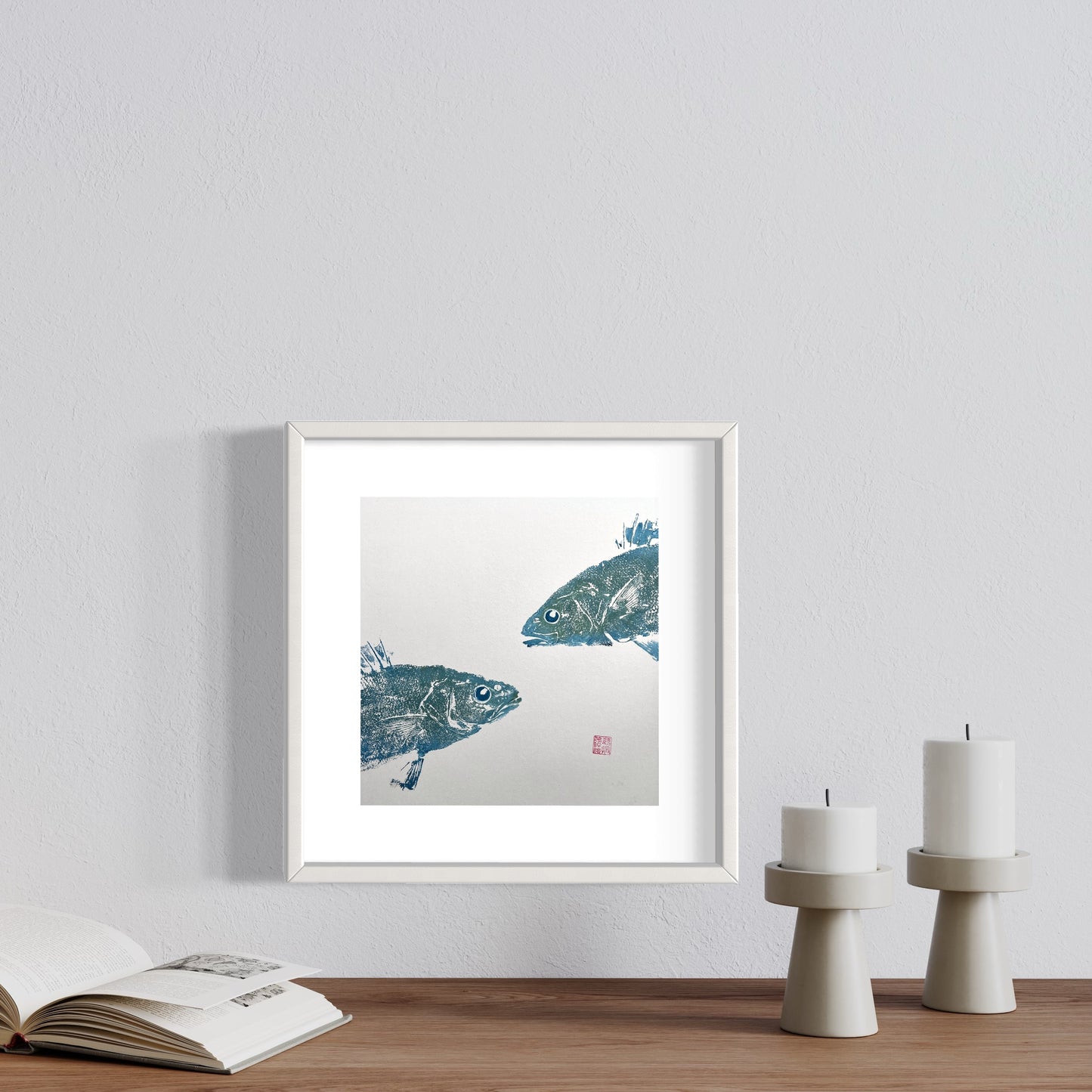 Menai Strait, Line Caught, Sea Bass Heads Duo Gyotaku Printed and Wet Mounted.