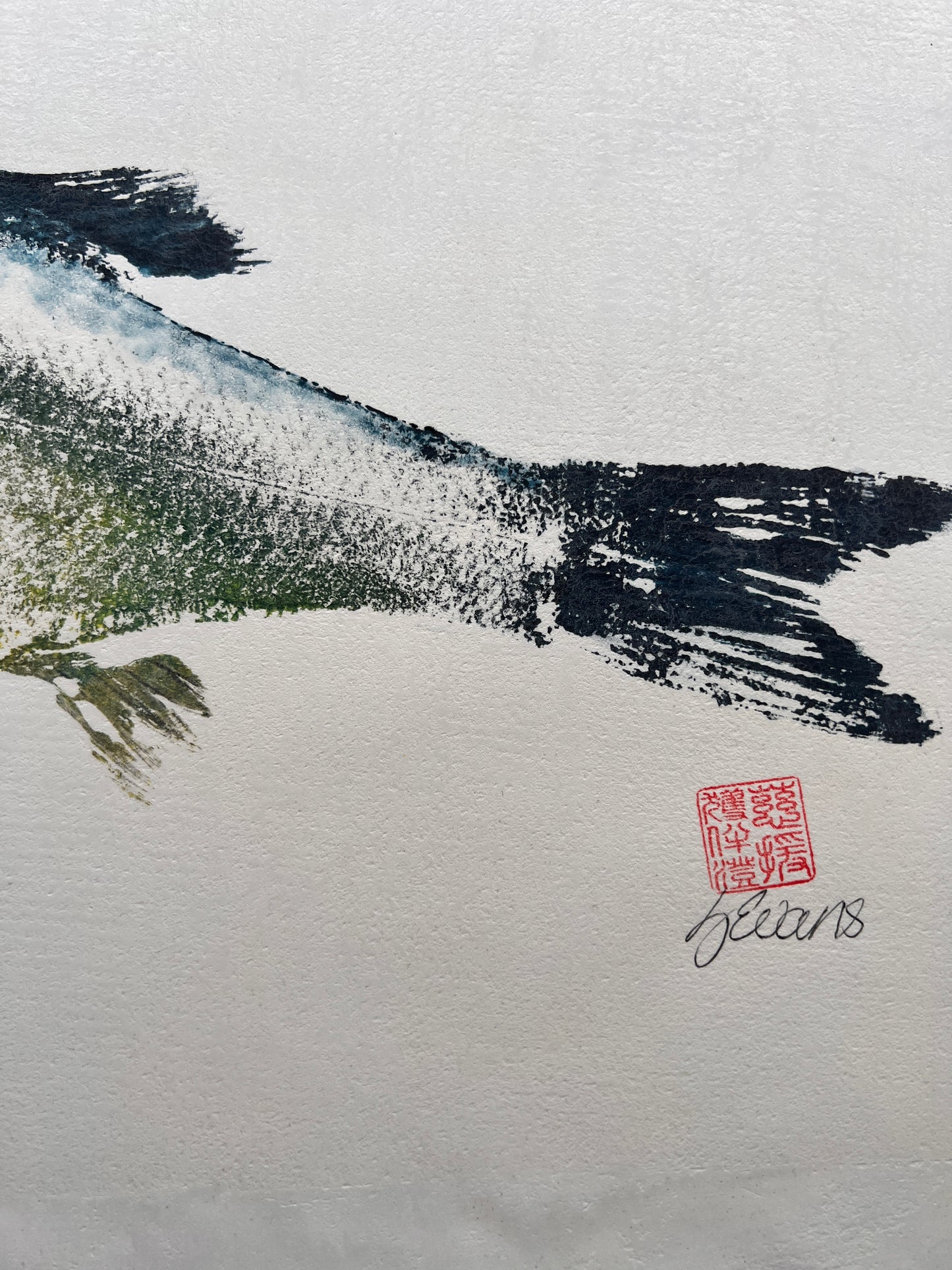 Menai Strait, Line Caught Sea Bass Gyotaku Printed and Wet Mounted.